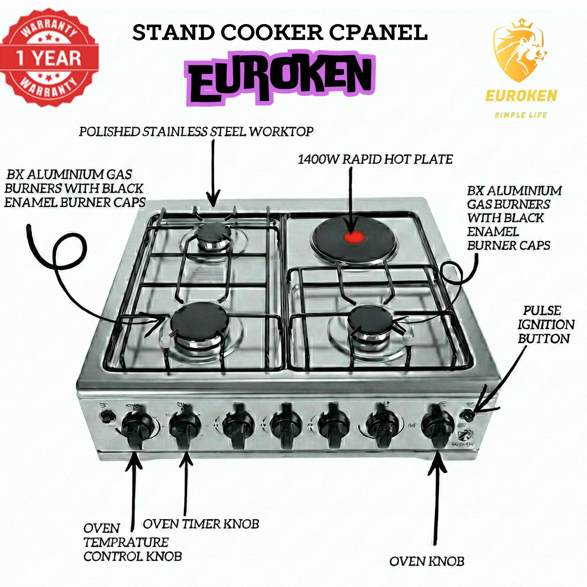 【LIMITED OFFER】 Euroken Euro65-3+1E-E  60l Home Improvement  Free Standing Cooker  3 Gas +1 Hotplate Kitchen Appliance With Electric Oven - 60x65cm