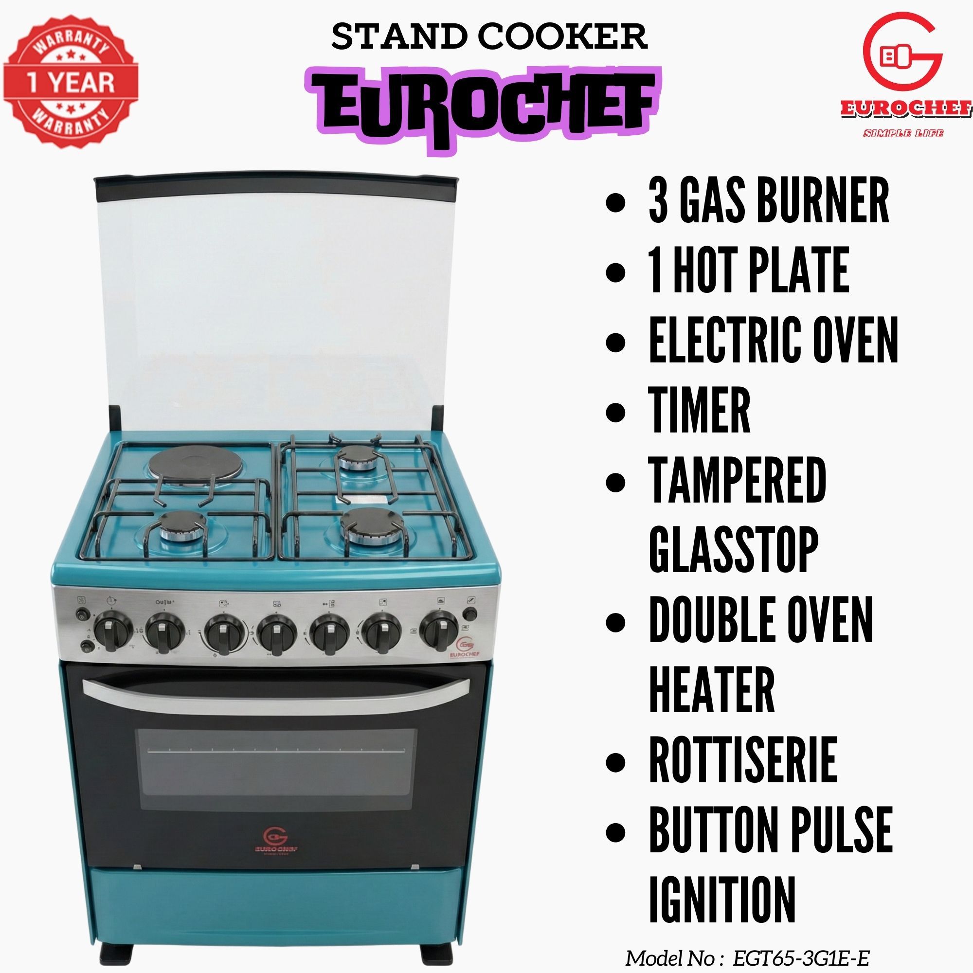 【LIMITED OFFER】 EUROCHEF 60X65 EGT65-3G1E-E Home Improvement 67l  Free Standing Gas Cooker  3 Gas +1 Hotplate Kitchen Appliance With Electric Oven