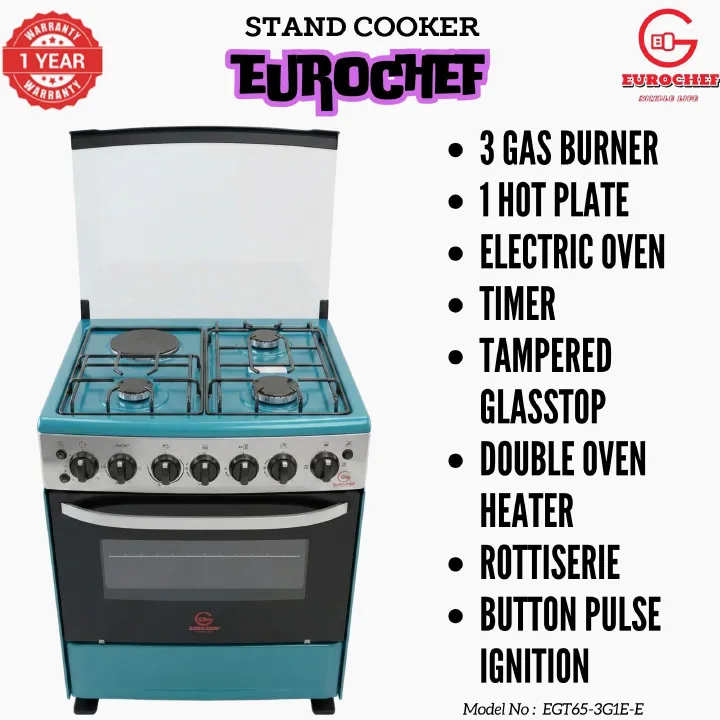 【LIMITED OFFER】 EUROCHEF 60X65 EGT65-3G1E-E Home Improvement 67l  Free Standing Gas Cooker  3 Gas +1 Hotplate Kitchen Appliance With Electric Oven
