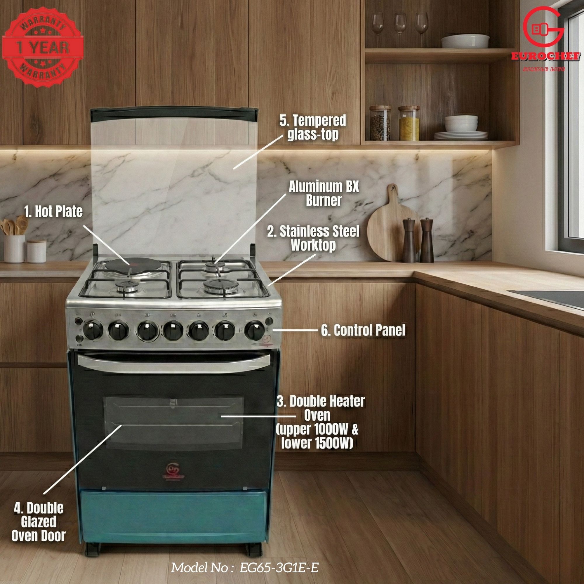 【LIMITED OFFER】 EUROCHEF 60X65 EGT65-3G1E-E Home Improvement 67l  Free Standing Gas Cooker  3 Gas +1 Hotplate Kitchen Appliance With Electric Oven