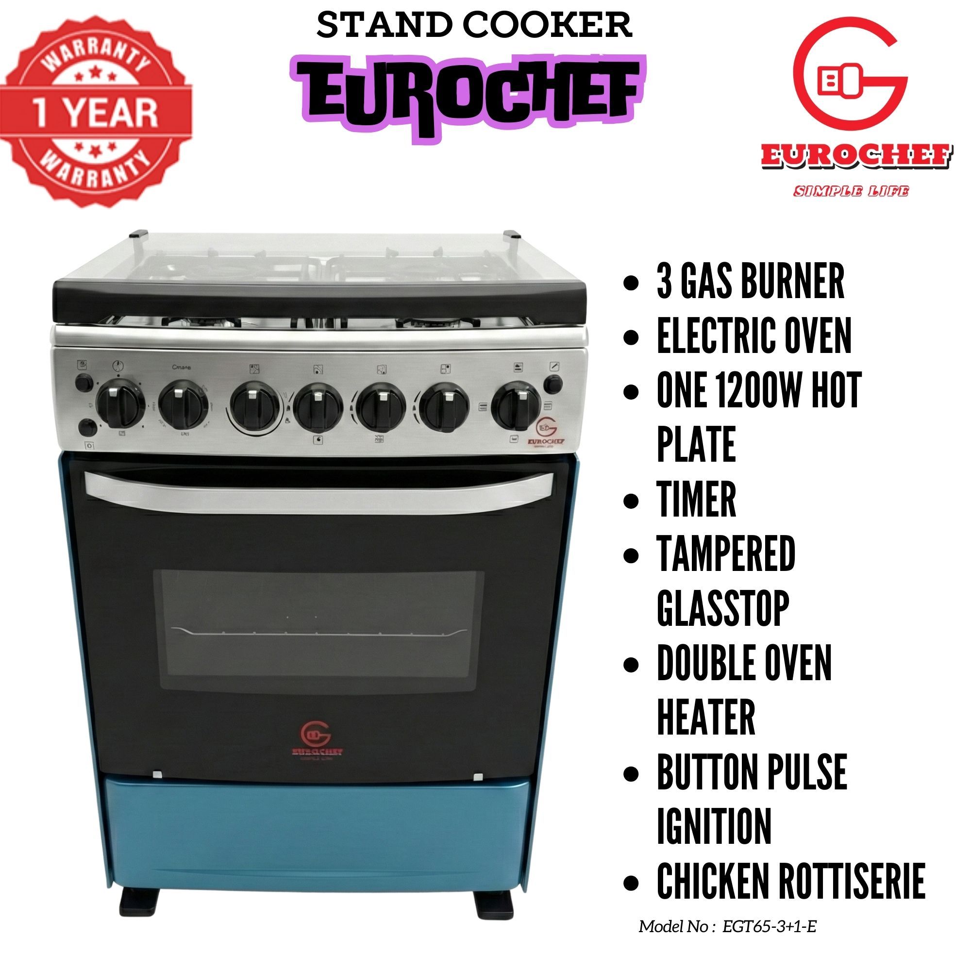 【LIMITED OFFER】 EUROCHEF 60X65 EGT65-3G1E-E Home Improvement 67l  Free Standing Gas Cooker  3 Gas +1 Hotplate Kitchen Appliance With Electric Oven