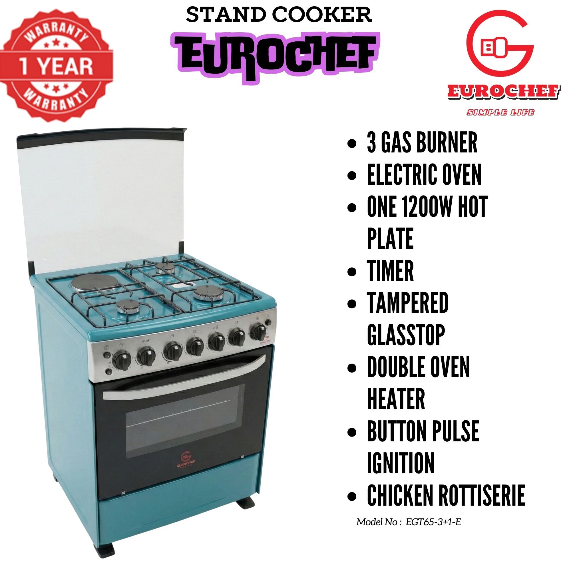 【LIMITED OFFER】 EUROCHEF 60X65 EGT65-3G1E-E Home Improvement 67l  Free Standing Gas Cooker  3 Gas +1 Hotplate Kitchen Appliance With Electric Oven