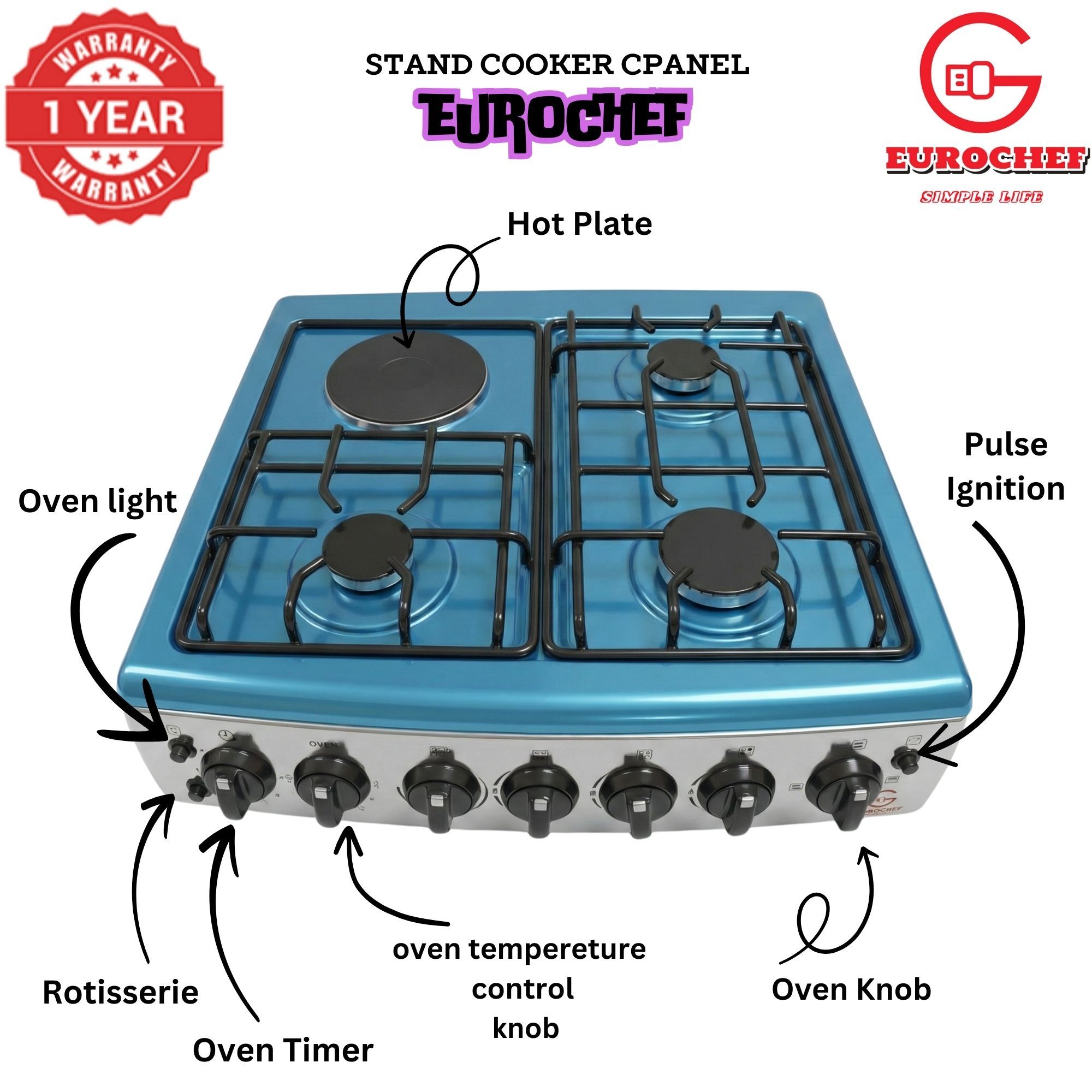 【LIMITED OFFER】 EUROCHEF 60X65 EGT65-3G1E-E Home Improvement 67l  Free Standing Gas Cooker  3 Gas +1 Hotplate Kitchen Appliance With Electric Oven