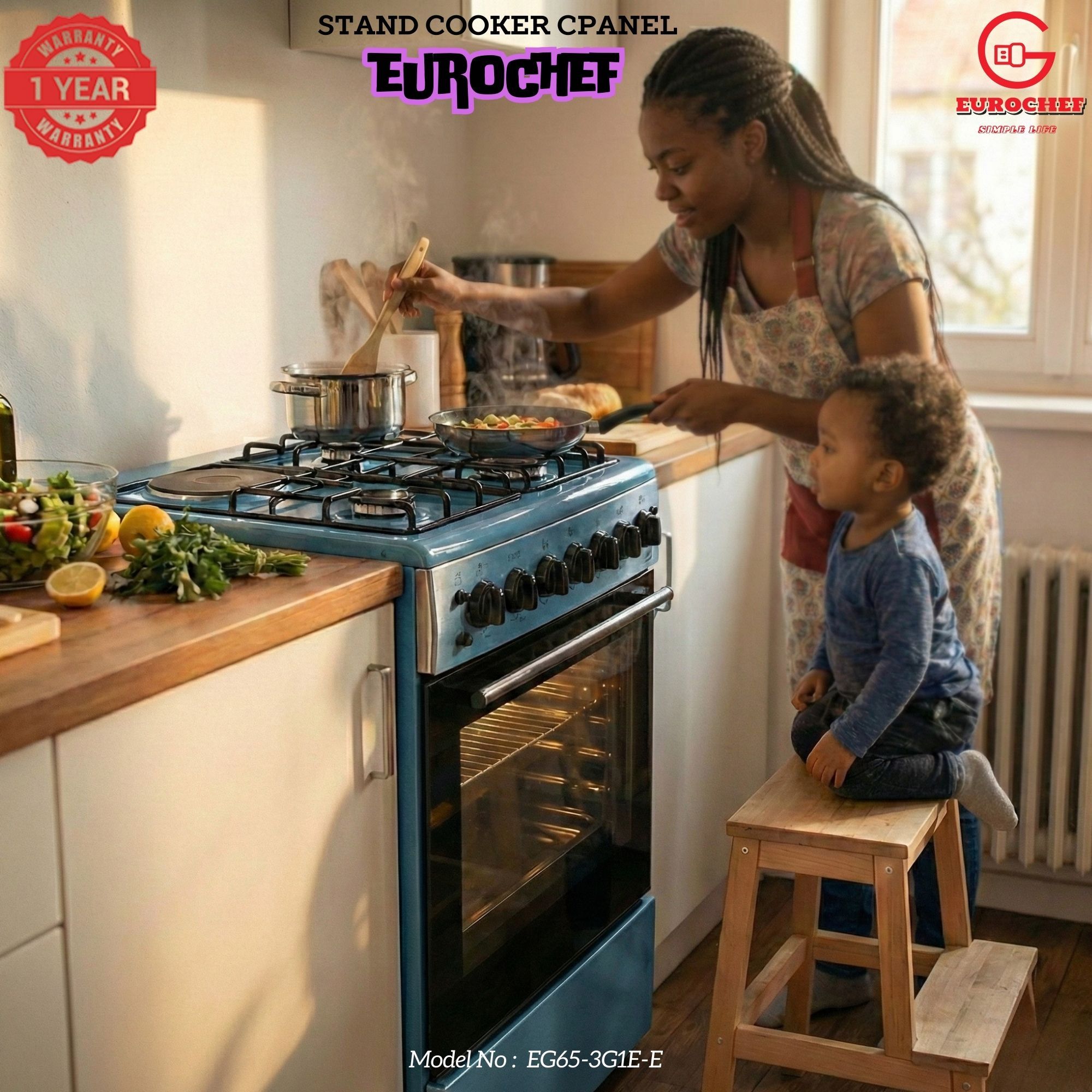 【LIMITED OFFER】 EUROCHEF 60X65 EGT65-3G1E-E Home Improvement 67l  Free Standing Gas Cooker  3 Gas +1 Hotplate Kitchen Appliance With Electric Oven