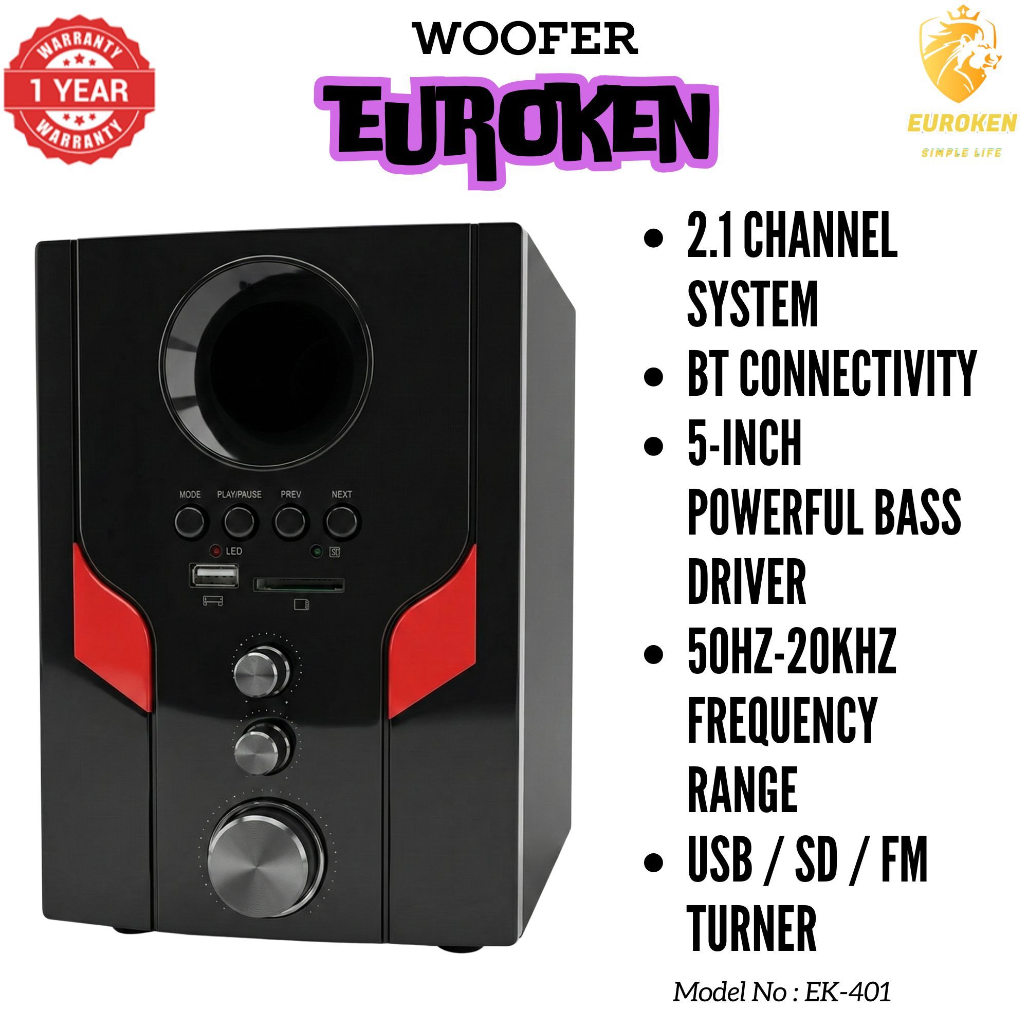 【Exclusive Offer】 Euroken EK-401 2.1CH Subwoofer Speaker 1000W PMPO Woofer Home Theatre Audio Speaker System BLUETOOTH/FM/SD/USB With Remote Control