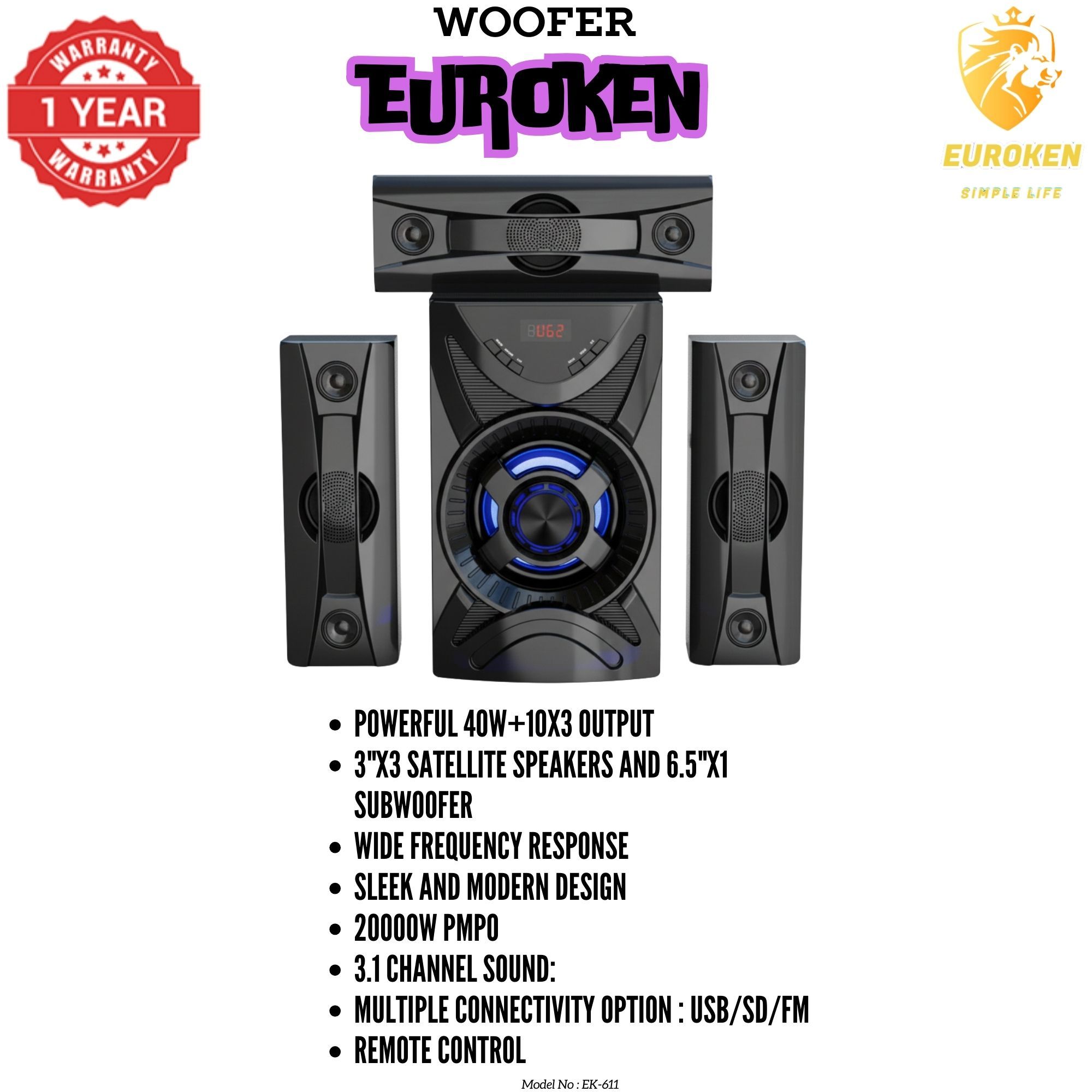 【Exclusive Offer】 NEW EUROKEN EK-611 3.1CH Subwoofer Speaker 20000W PMPO Woofer Home Theatre Audio Speaker System BLUETOOTH/FM/SD/USB With Remote Control