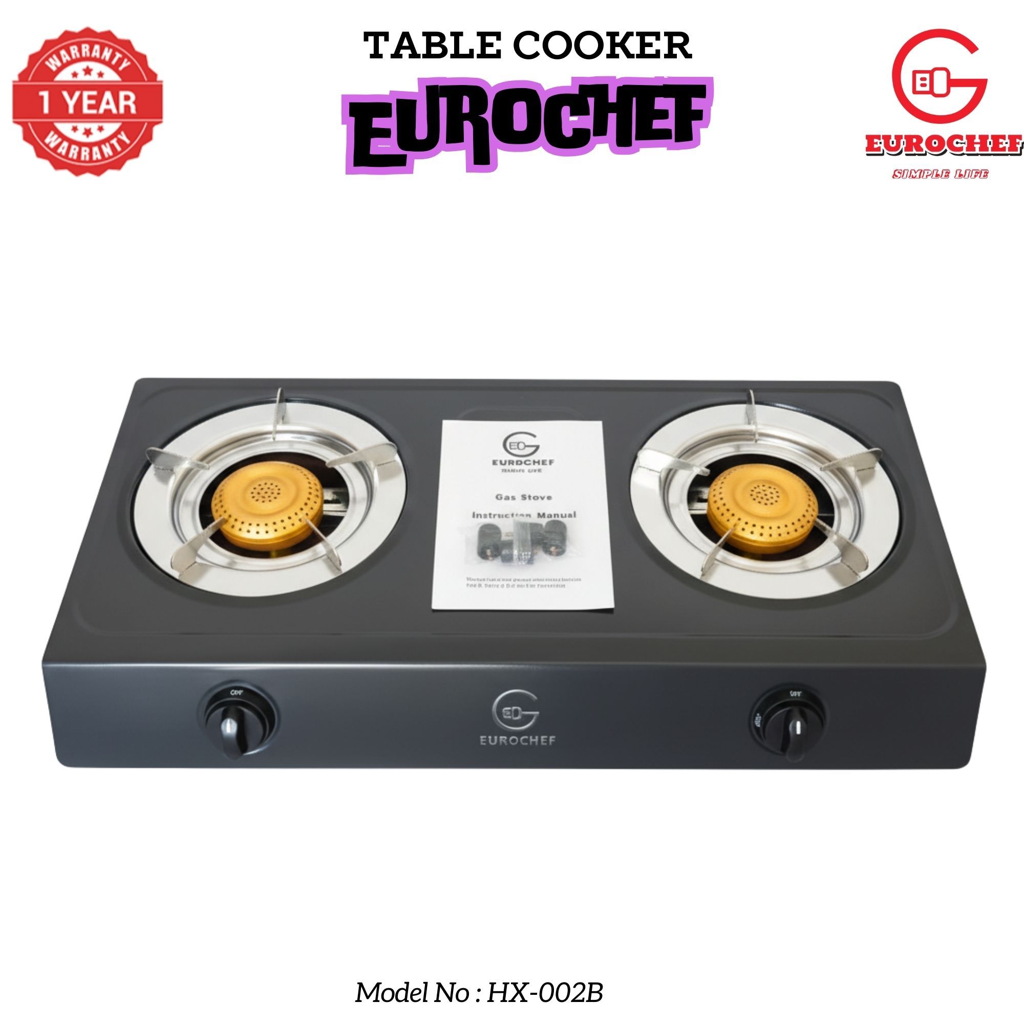 【Limited Offer】 EUROCHEF HX-002B  Table Top Stainless Steel 2 Burner Kitchen Appliance Cooktop Gas Cooker