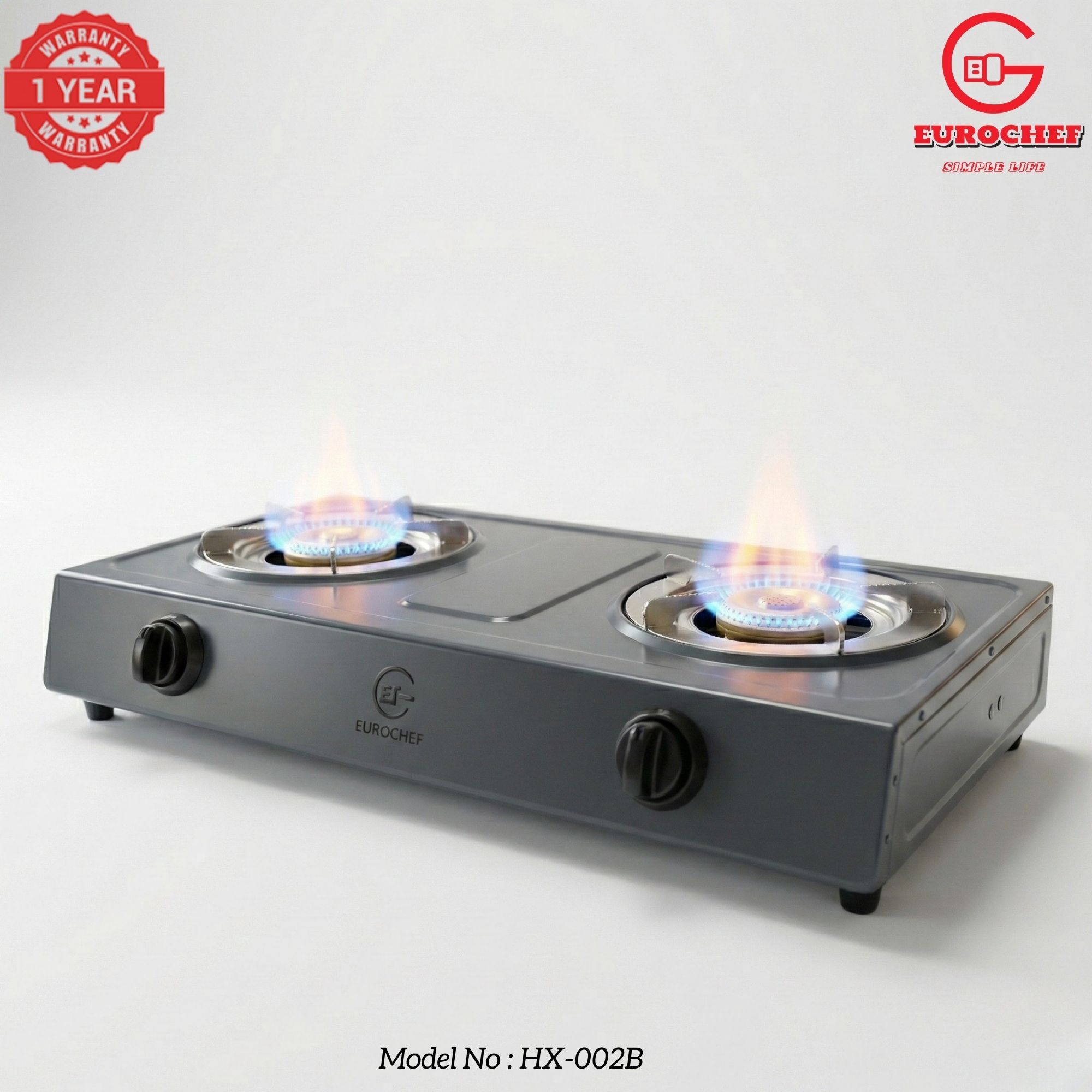 【Limited Offer】 EUROCHEF HX-002B  Table Top Stainless Steel 2 Burner Kitchen Appliance Cooktop Gas Cooker