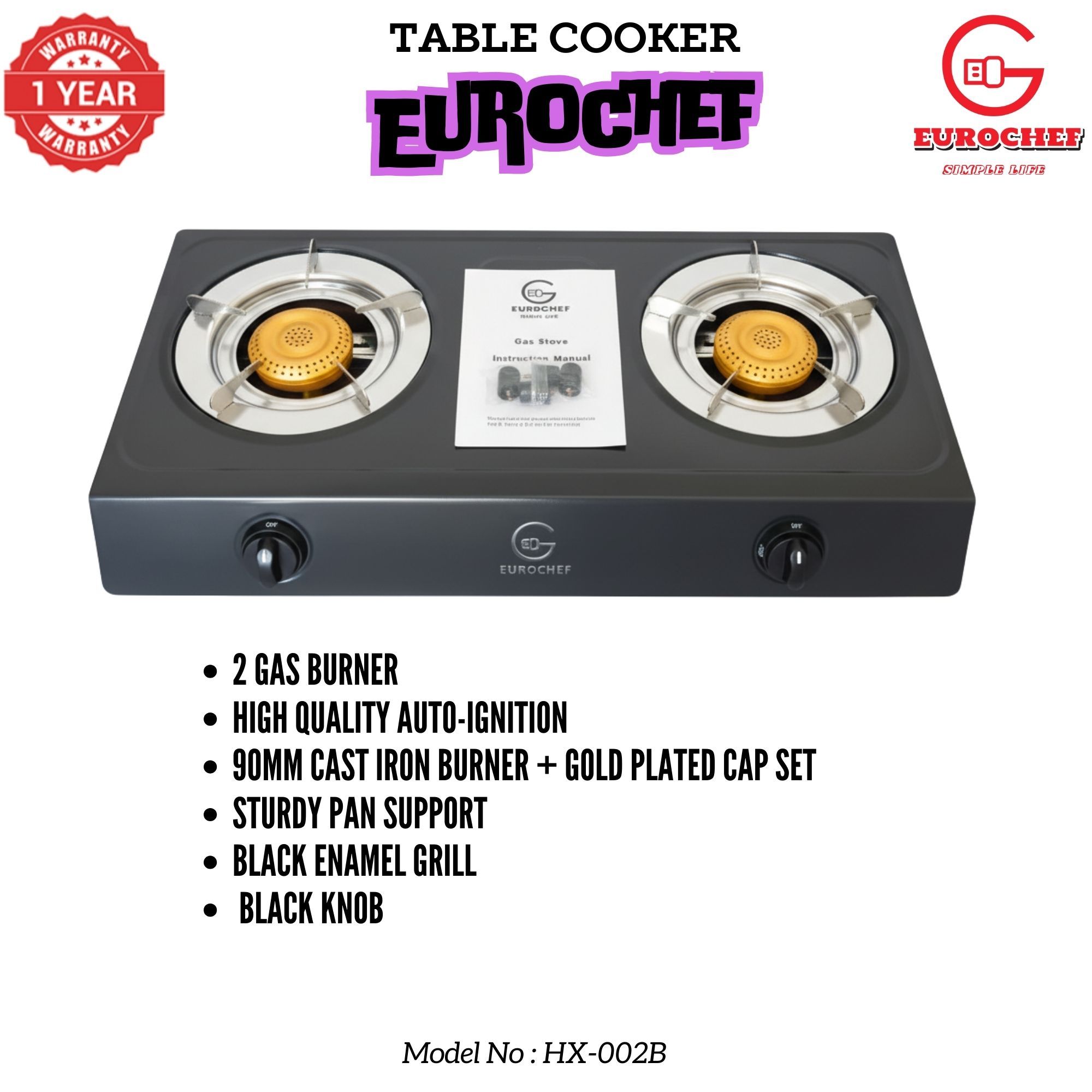 【Limited Offer】 EUROCHEF HX-002B  Table Top Stainless Steel 2 Burner Kitchen Appliance Cooktop Gas Cooker