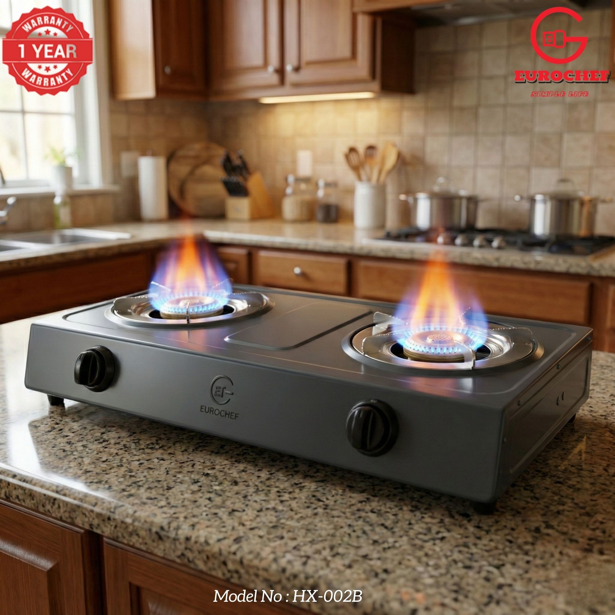 【Limited Offer】 EUROCHEF HX-002B  Table Top Stainless Steel 2 Burner Kitchen Appliance Cooktop Gas Cooker