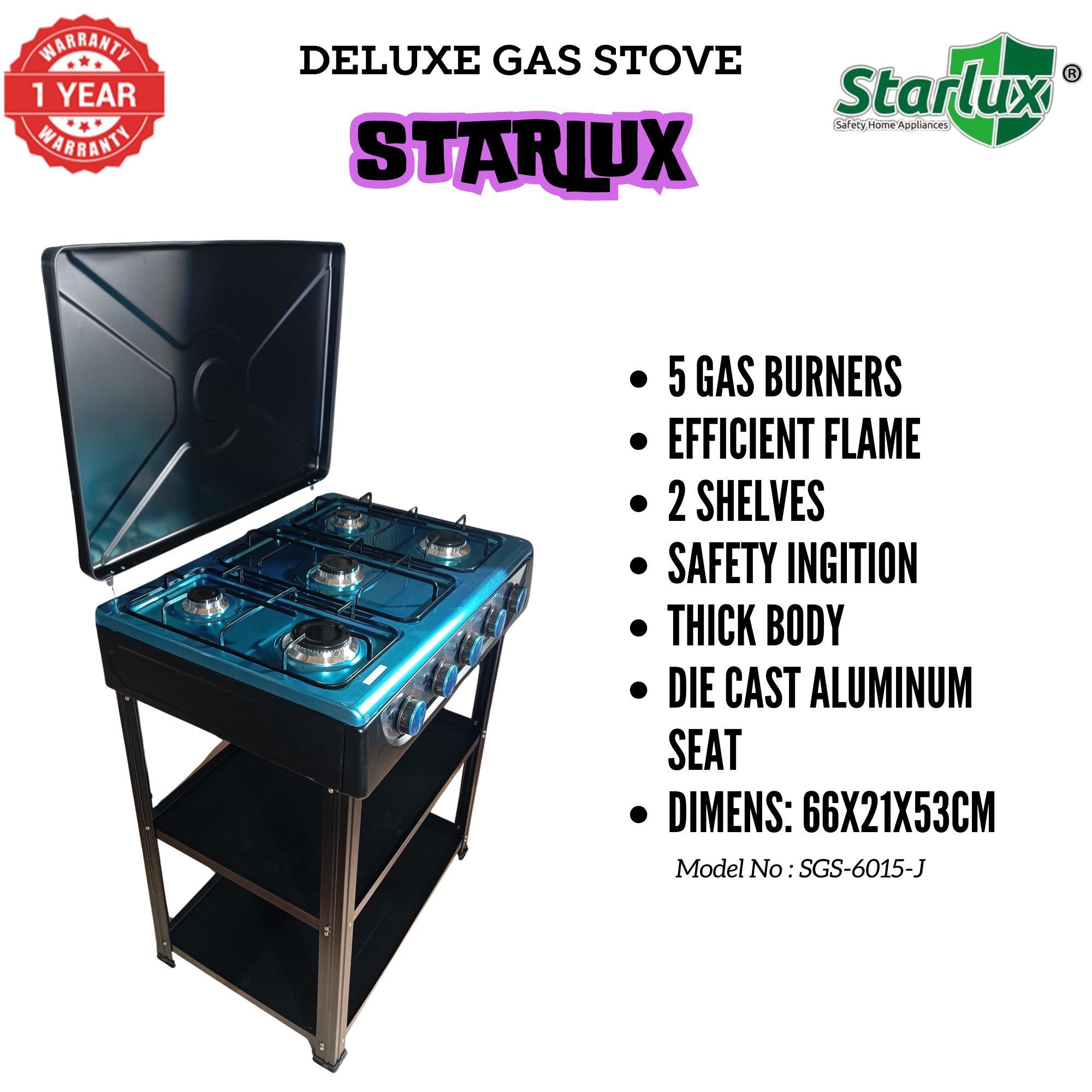 【Exclusive Offer】 STARLUX  SGS-6015-J Simple Standing Cooker Full 5 Gas Cooker With Shelves & No Oven