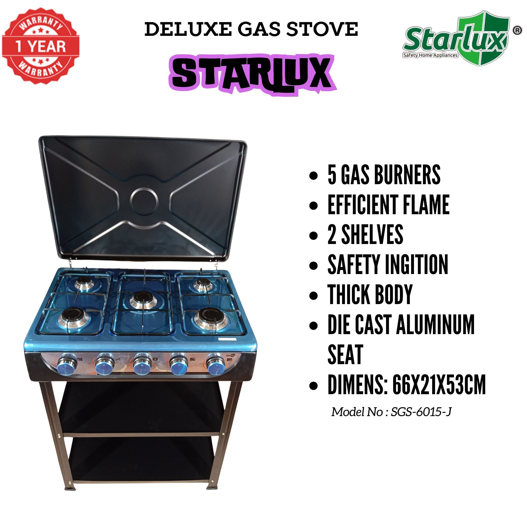 【Exclusive Offer】 STARLUX  SGS-6015-J Simple Standing Cooker Full 5 Gas Cooker With Shelves & No Oven