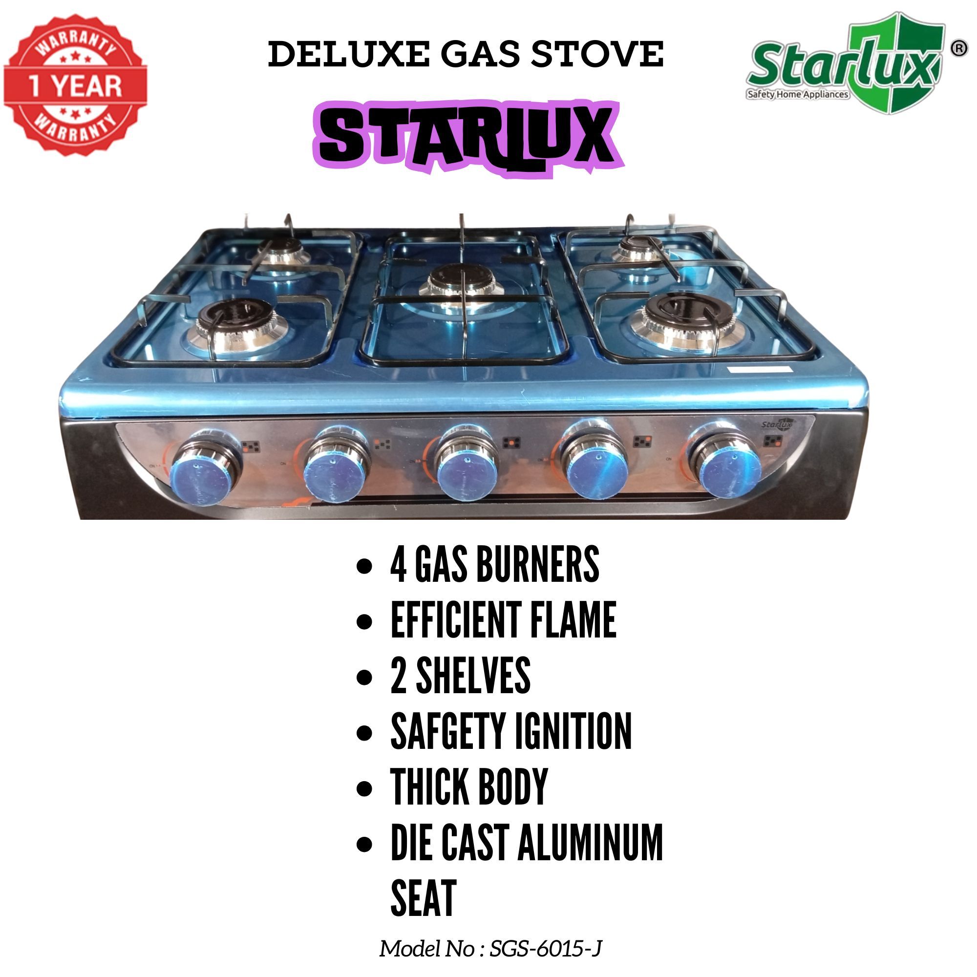 【Exclusive Offer】 STARLUX  SGS-6015-J Simple Standing Cooker Full 5 Gas Cooker With Shelves & No Oven