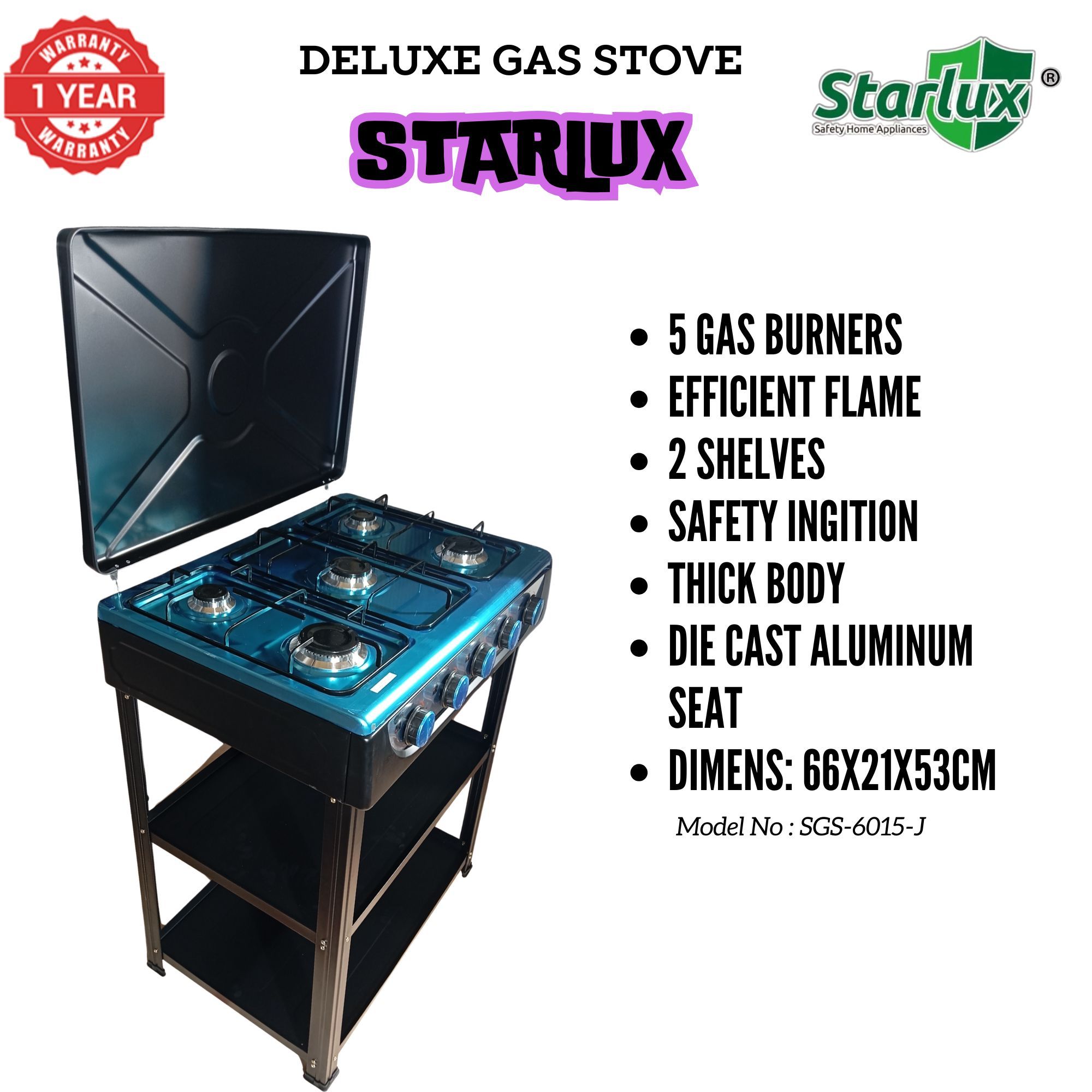 【Exclusive Offer】 STARLUX  SGS-6015-J Simple Standing Cooker Full 5 Gas Cooker With Shelves & No Oven