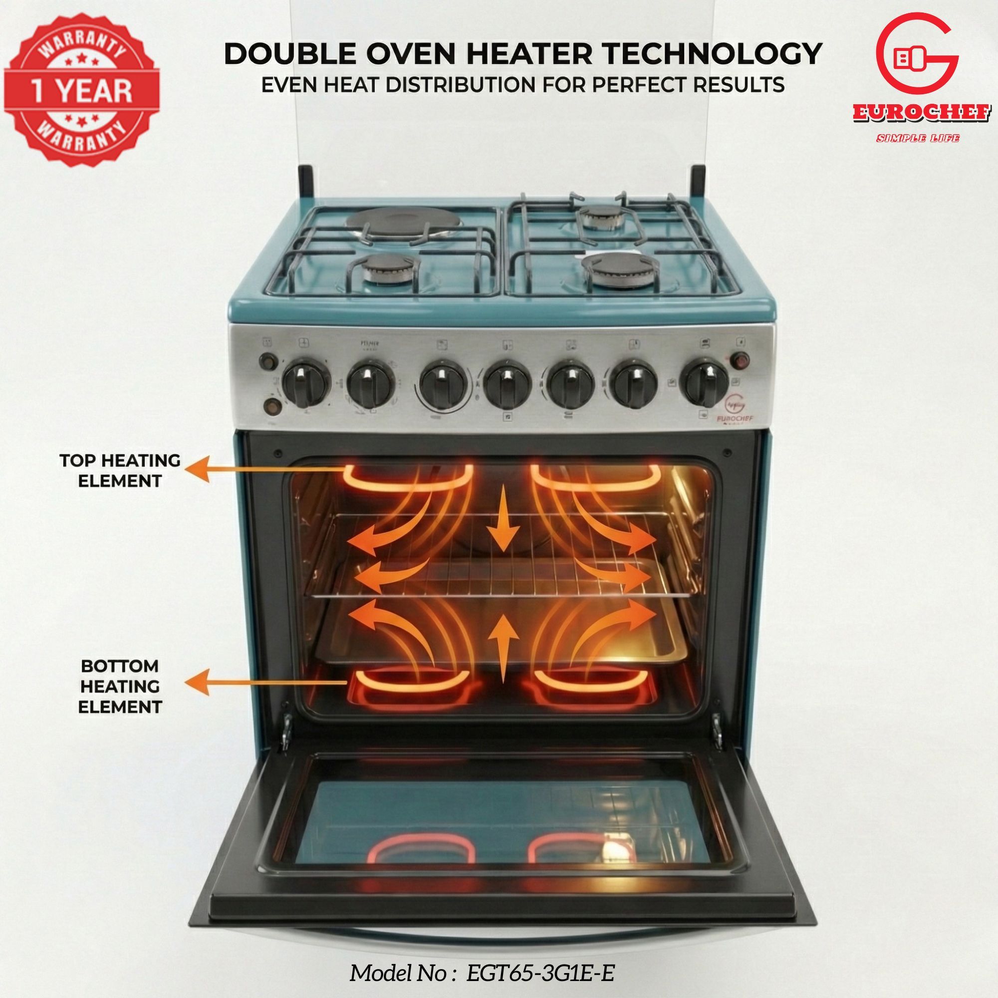 【LIMITED OFFER】 EUROCHEF 60X65 EGT65-3G1E-E Home Improvement 67l  Free Standing Gas Cooker  3 Gas +1 Hotplate Kitchen Appliance With Electric Oven