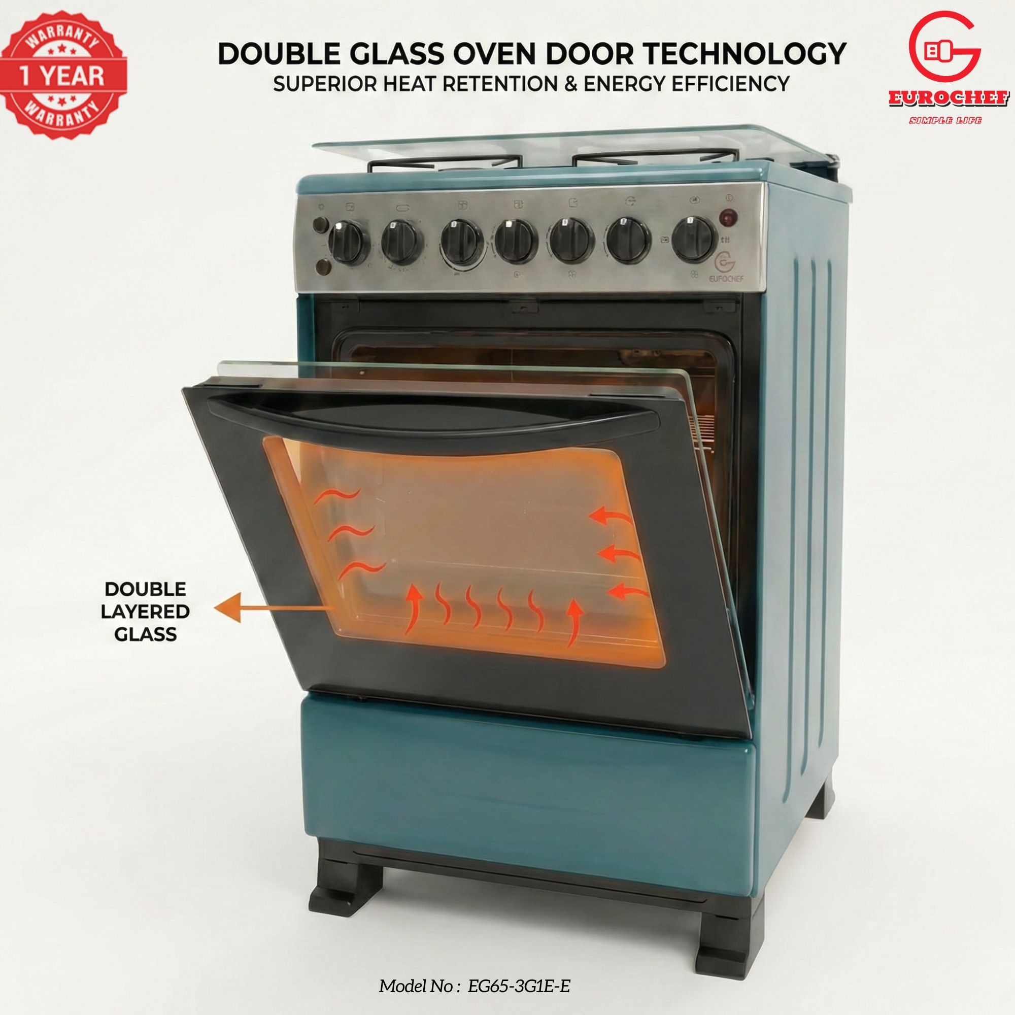 【LIMITED OFFER】 EUROCHEF 60X65 EGT65-3G1E-E Home Improvement 67l  Free Standing Gas Cooker  3 Gas +1 Hotplate Kitchen Appliance With Electric Oven