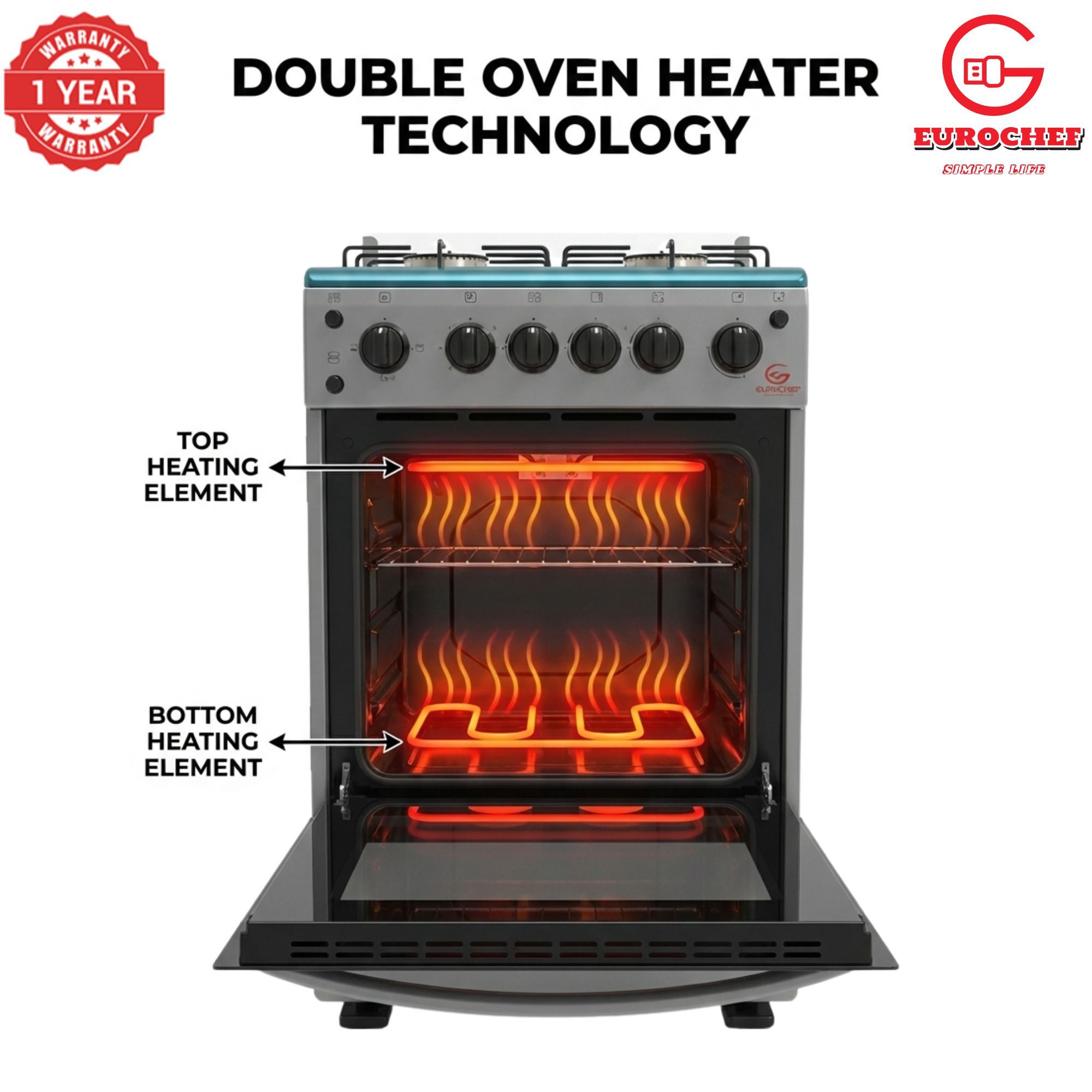 【LIMITED OFFER】 Eurochef EGT55-3G1E-E  55L Home Improvement  Free standing Gas Cooker  3 GAS + 1 Hot Plate  Kitchen appliance with electric oven