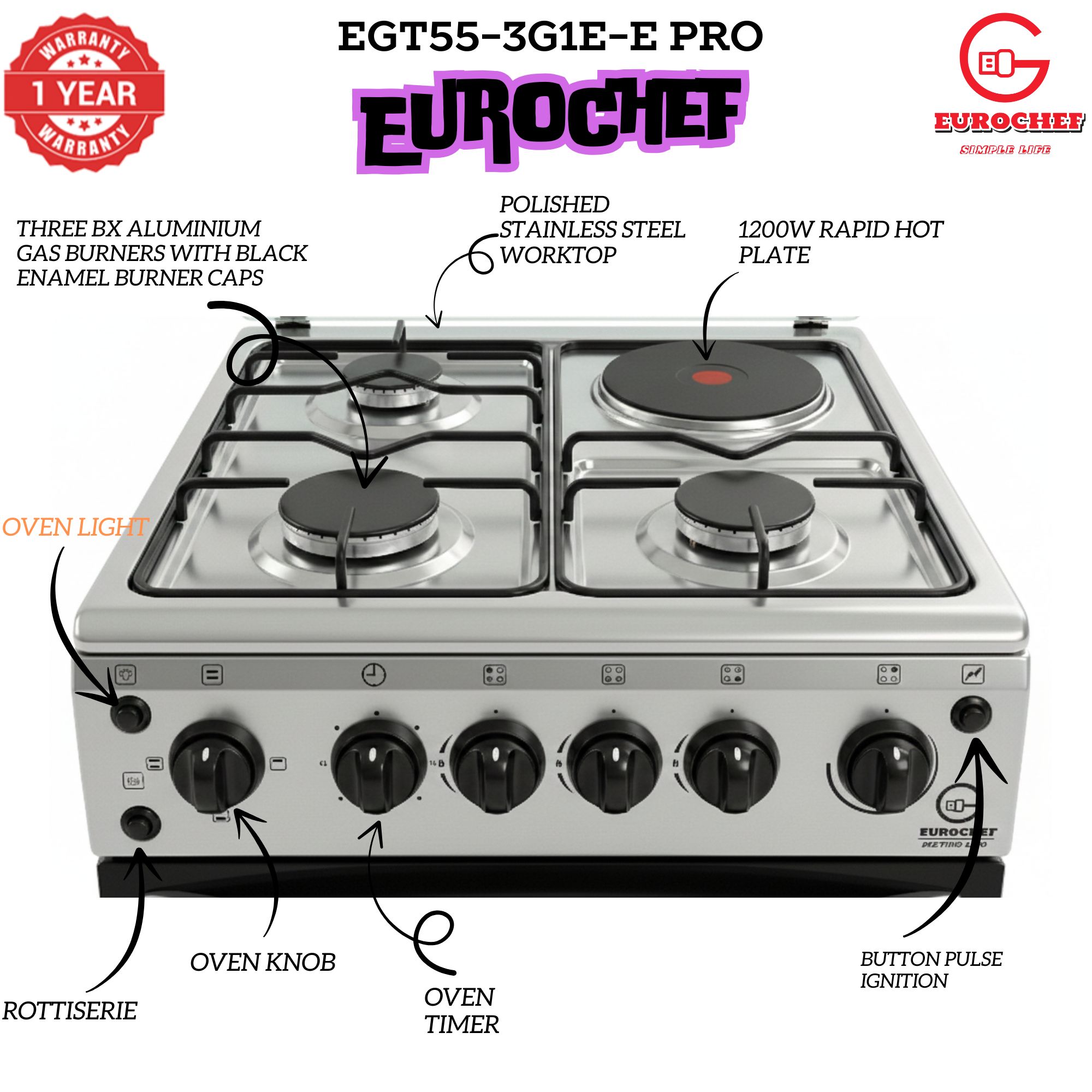 【LIMITED OFFER】 Eurochef EGT55-3G1E-E  55L Home Improvement  Free standing Gas Cooker  3 GAS + 1 Hot Plate  Kitchen appliance with electric oven