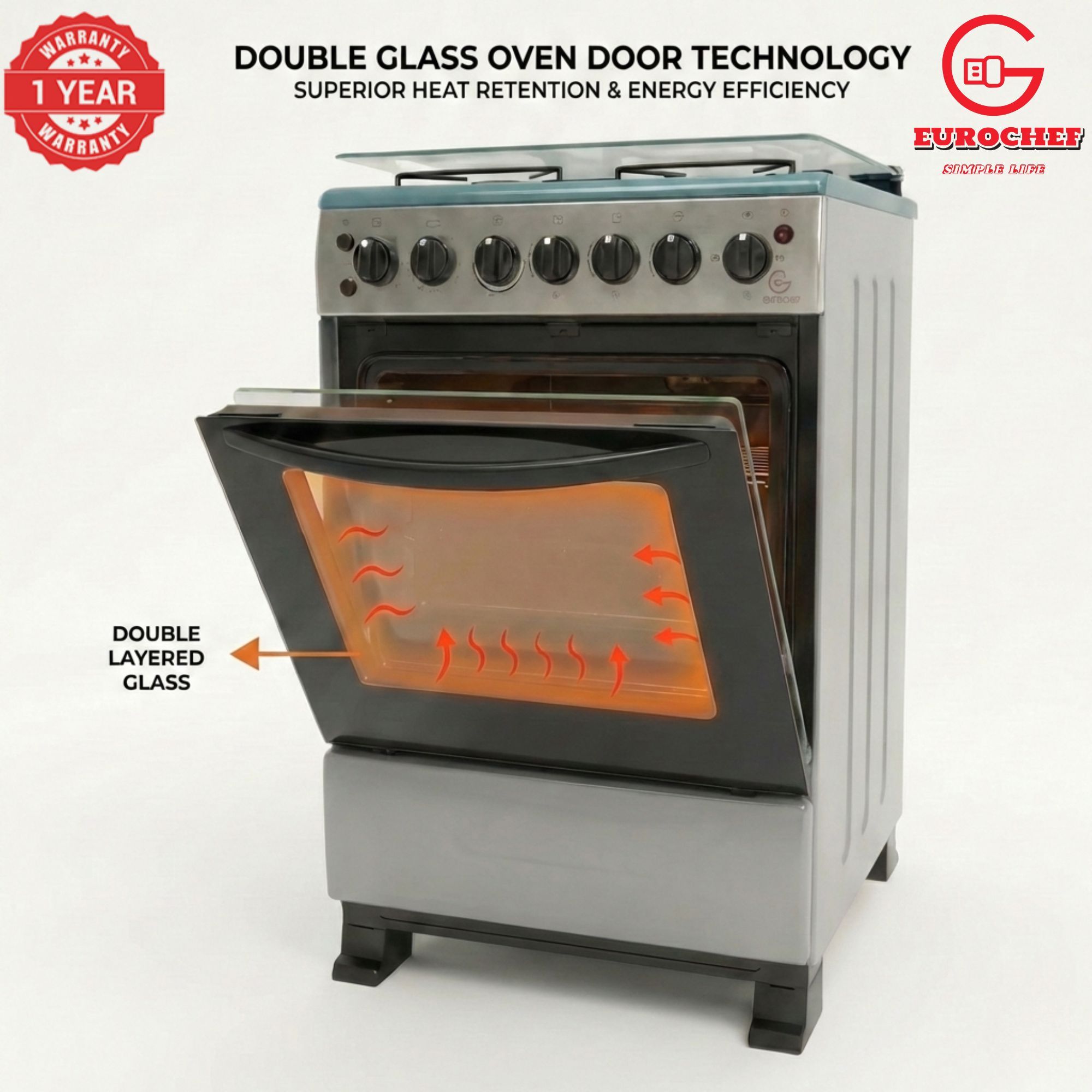 【LIMITED OFFER】 Eurochef EGT55-3G1E-E  55L Home Improvement  Free standing Gas Cooker  3 GAS + 1 Hot Plate  Kitchen appliance with electric oven