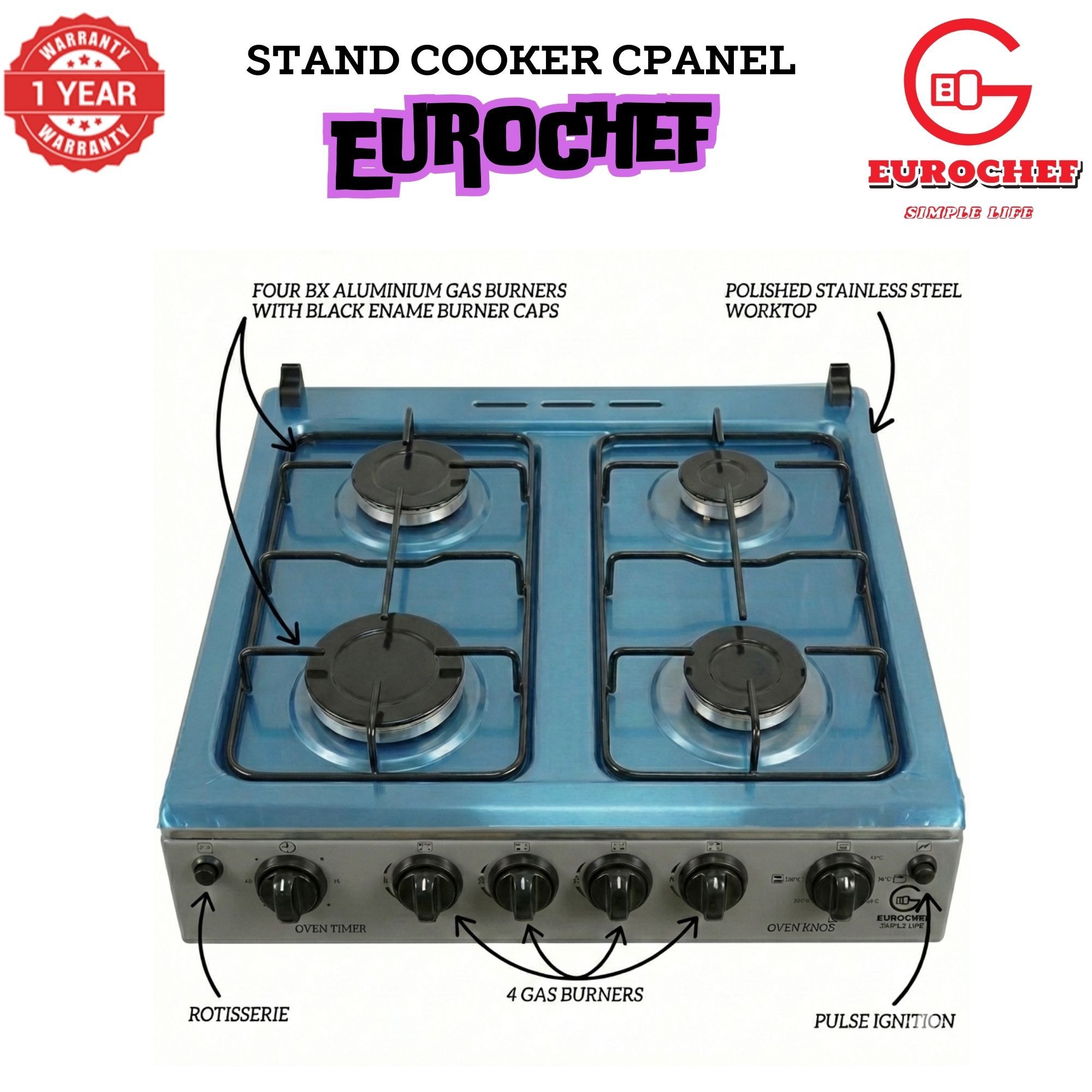 【LIMITED OFFER】 EUROCHEF EGT55-4G-E  55L HOME IMPROVEMENT FREE STANDING GAS  COOKER  4 GAS BURNER KITCHEN APPLIANCE WITH ELECTRIC OVEN 50X55CM