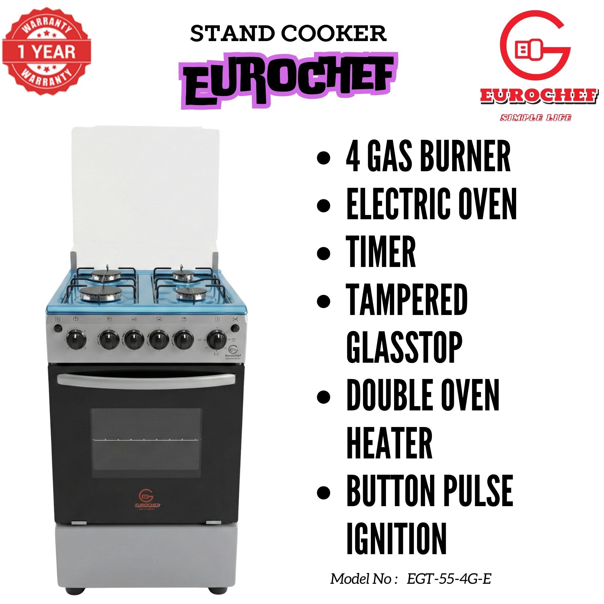【LIMITED OFFER】 EUROCHEF EGT55-4G-E  55L HOME IMPROVEMENT FREE STANDING GAS  COOKER  4 GAS BURNER KITCHEN APPLIANCE WITH ELECTRIC OVEN 50X55CM