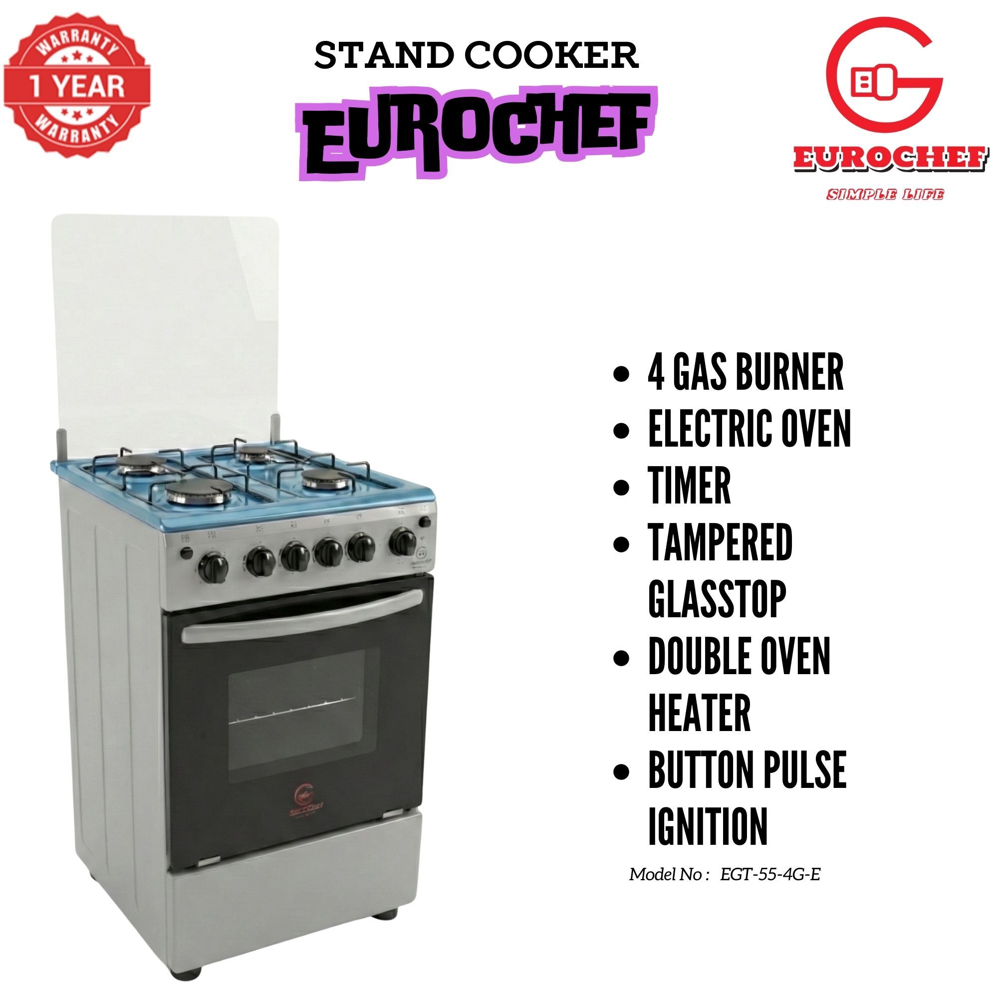 【LIMITED OFFER】 EUROCHEF EGT55-4G-E  55L HOME IMPROVEMENT FREE STANDING GAS  COOKER  4 GAS BURNER KITCHEN APPLIANCE WITH ELECTRIC OVEN 50X55CM