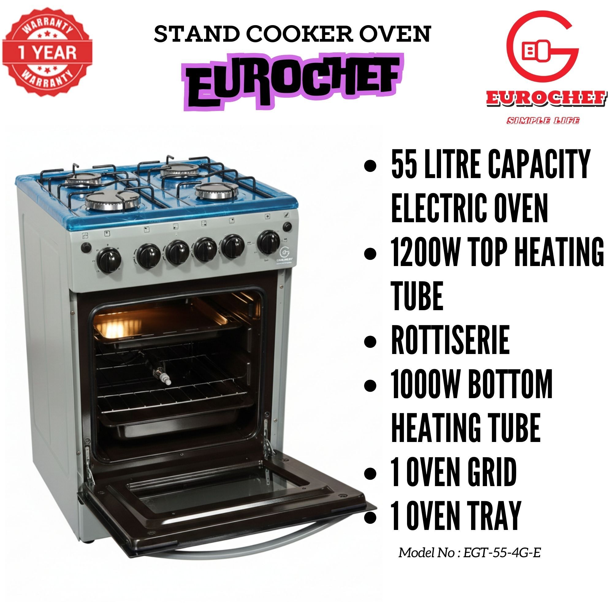 【LIMITED OFFER】 EUROCHEF EGT55-4G-E  55L HOME IMPROVEMENT FREE STANDING GAS  COOKER  4 GAS BURNER KITCHEN APPLIANCE WITH ELECTRIC OVEN 50X55CM