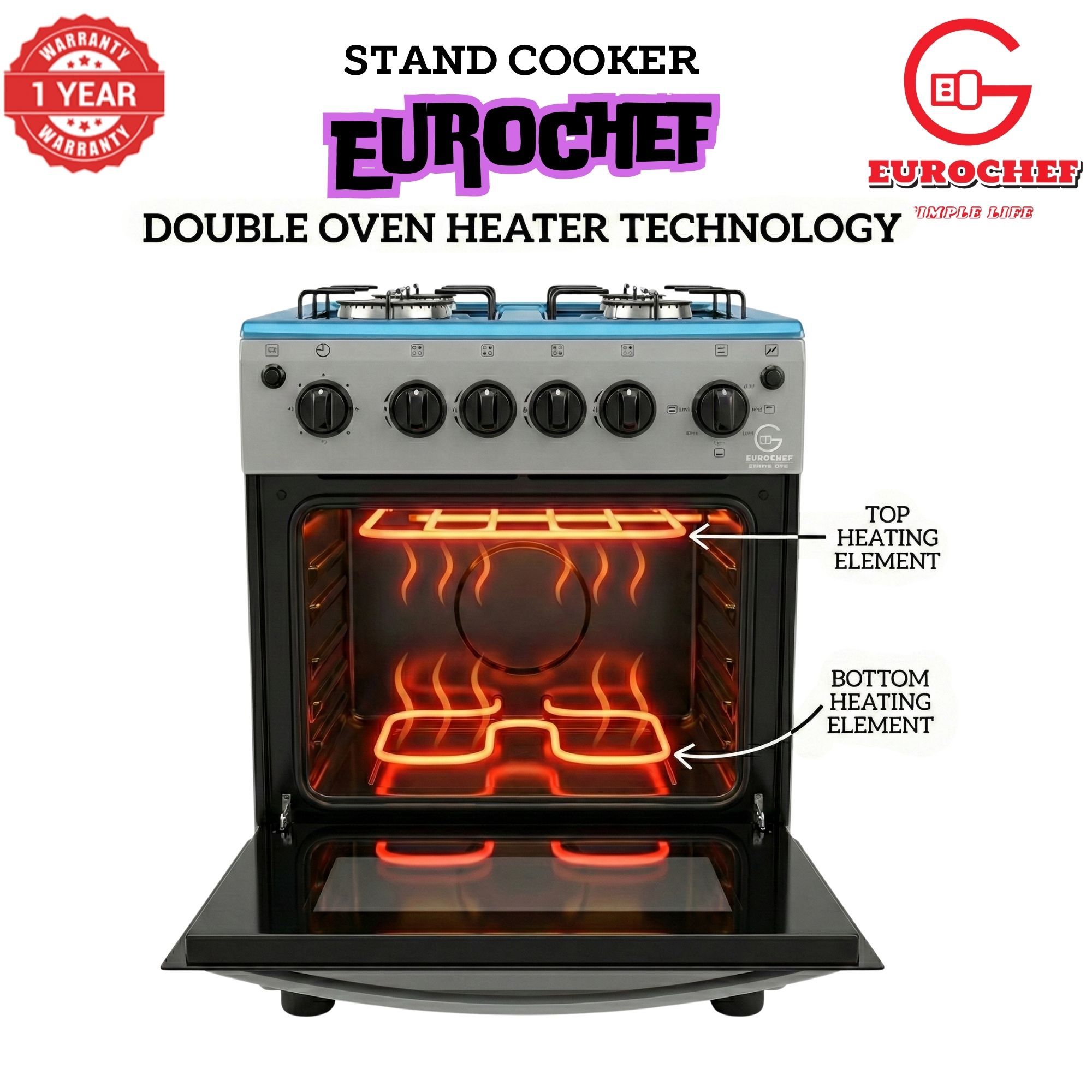 【LIMITED OFFER】 EUROCHEF EGT55-4G-E  55L HOME IMPROVEMENT FREE STANDING GAS  COOKER  4 GAS BURNER KITCHEN APPLIANCE WITH ELECTRIC OVEN 50X55CM