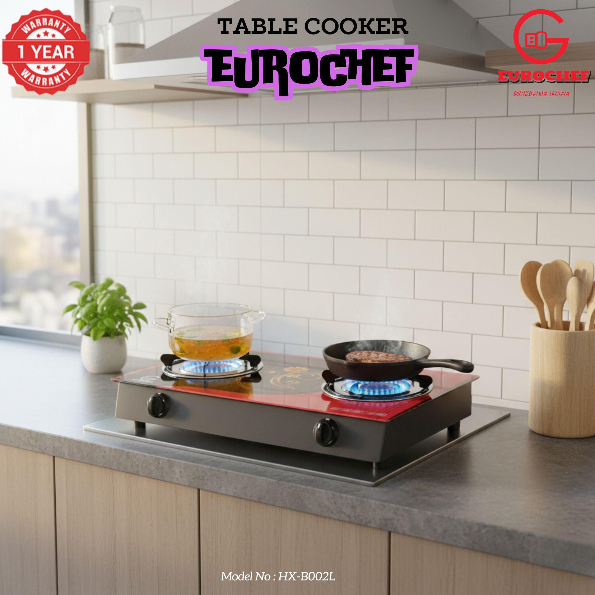 【Limited Offer】 EUROCHEF HX-B002L Two Burner Glass Top Table Gas Cooker Red