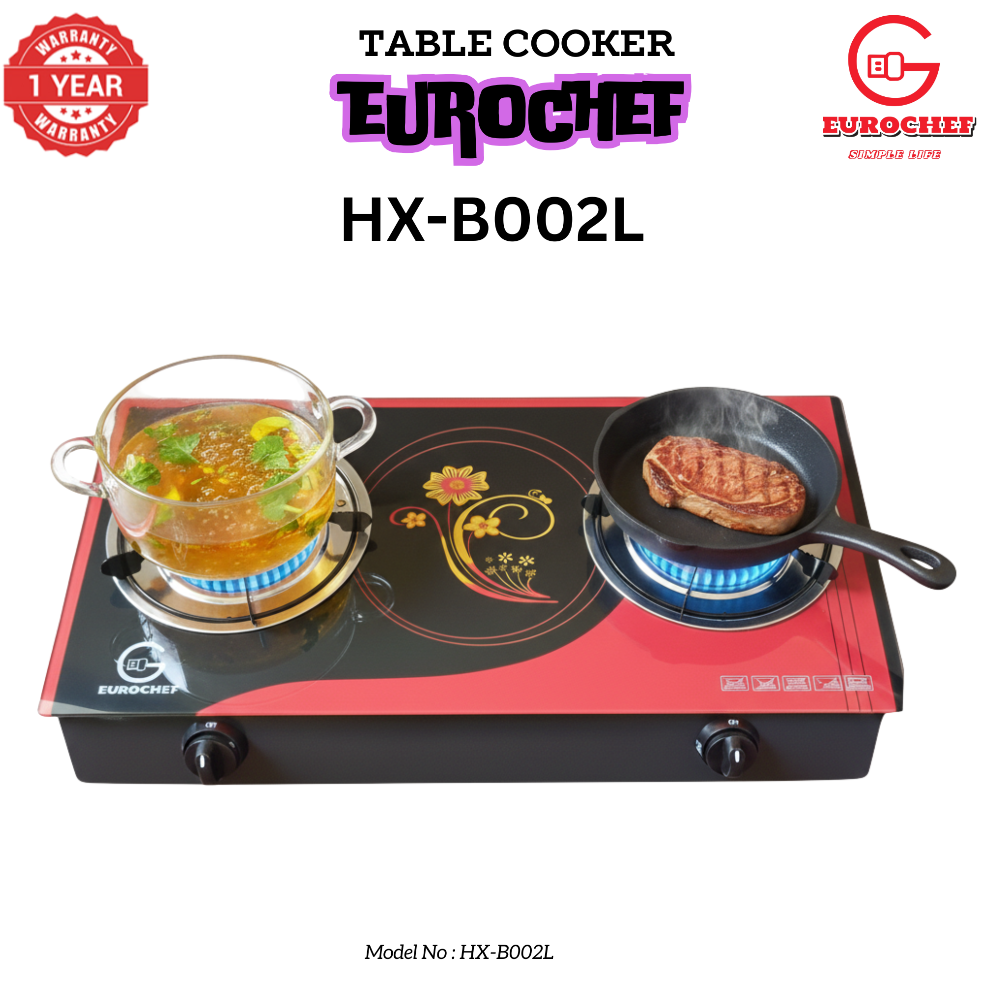 【Limited Offer】 EUROCHEF HX-B002L Two Burner Glass Top Table Gas Cooker Red