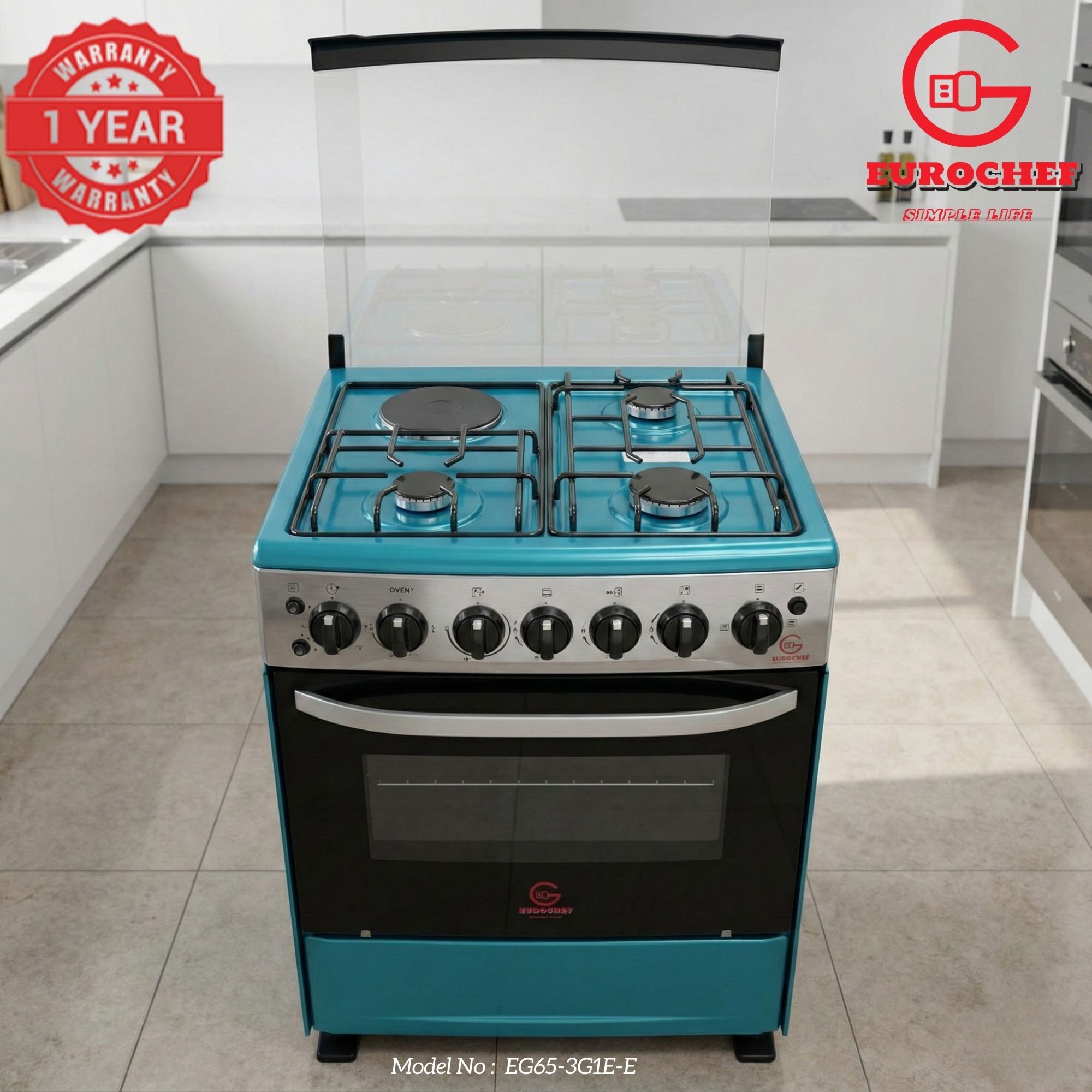【LIMITED OFFER】 EUROCHEF 60X65 EGT65-3G1E-E Home Improvement 67l  Free Standing Gas Cooker  3 Gas +1 Hotplate Kitchen Appliance With Electric Oven