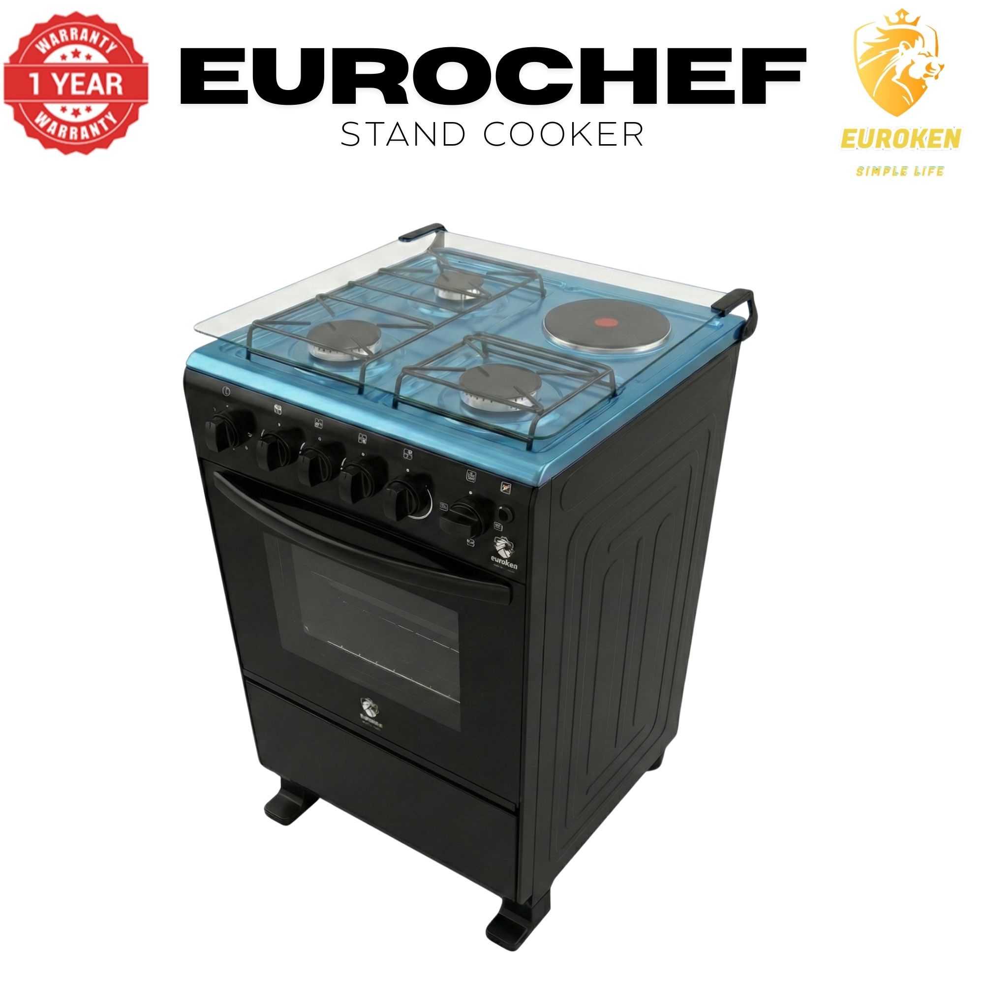 【LIMITED OFFER】 Euroken Euro55-3G1E-E  50L Home Improvement   Free Standing  Gas Cooker 3 GAS +1 Hot plate Kitchen Appliance with electric oven - 50X55CM
