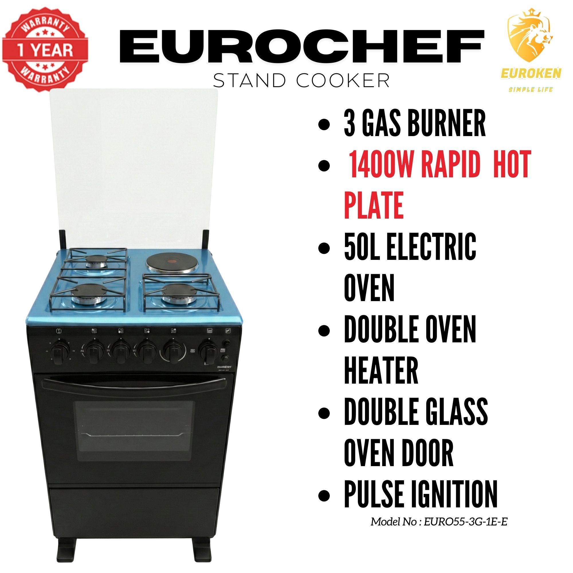 【LIMITED OFFER】 Euroken Euro55-3G1E-E  50L Home Improvement   Free Standing  Gas Cooker 3 GAS +1 Hot plate Kitchen Appliance with electric oven - 50X55CM