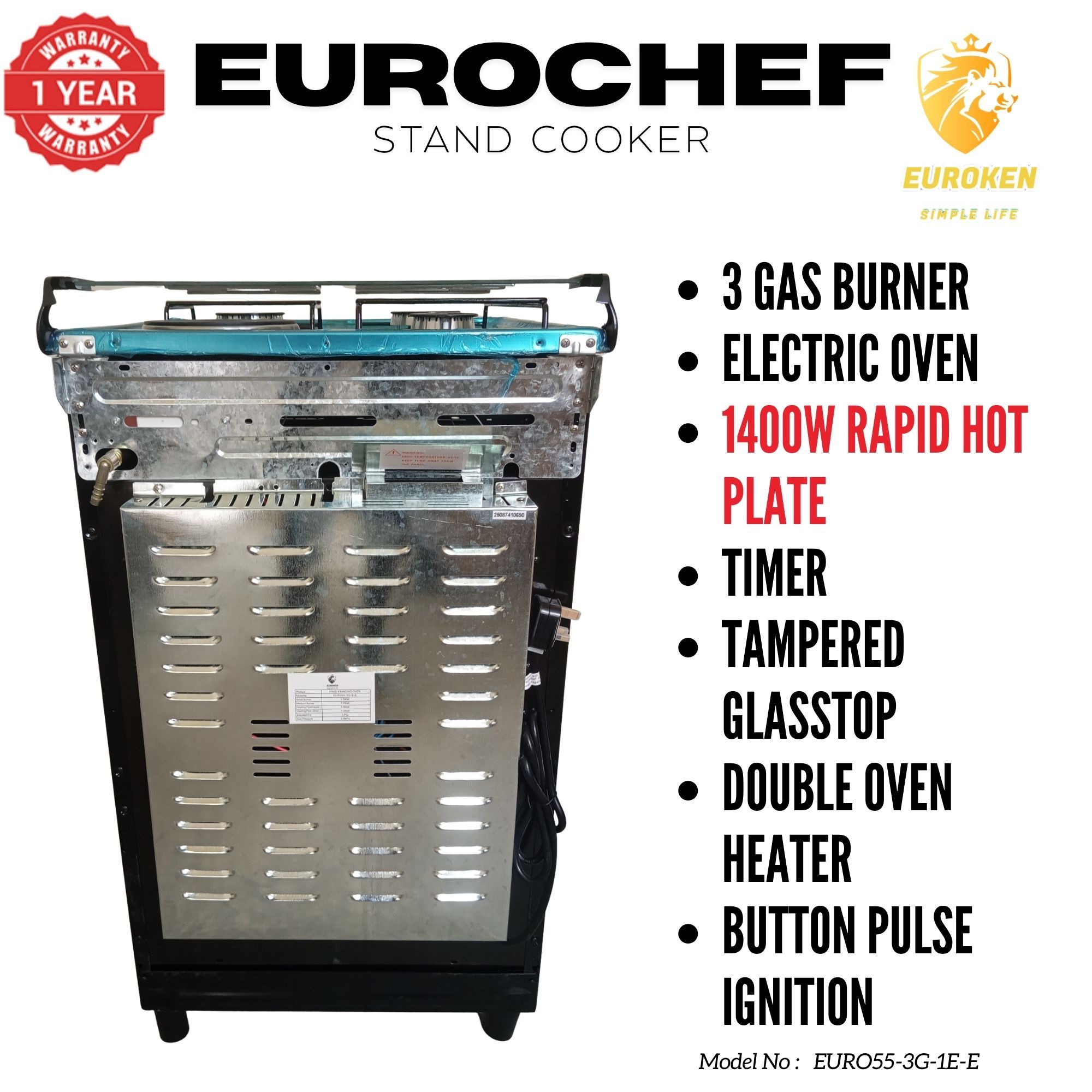 【LIMITED OFFER】 Euroken Euro55-3G1E-E  50L Home Improvement   Free Standing  Gas Cooker 3 GAS +1 Hot plate Kitchen Appliance with electric oven - 50X55CM