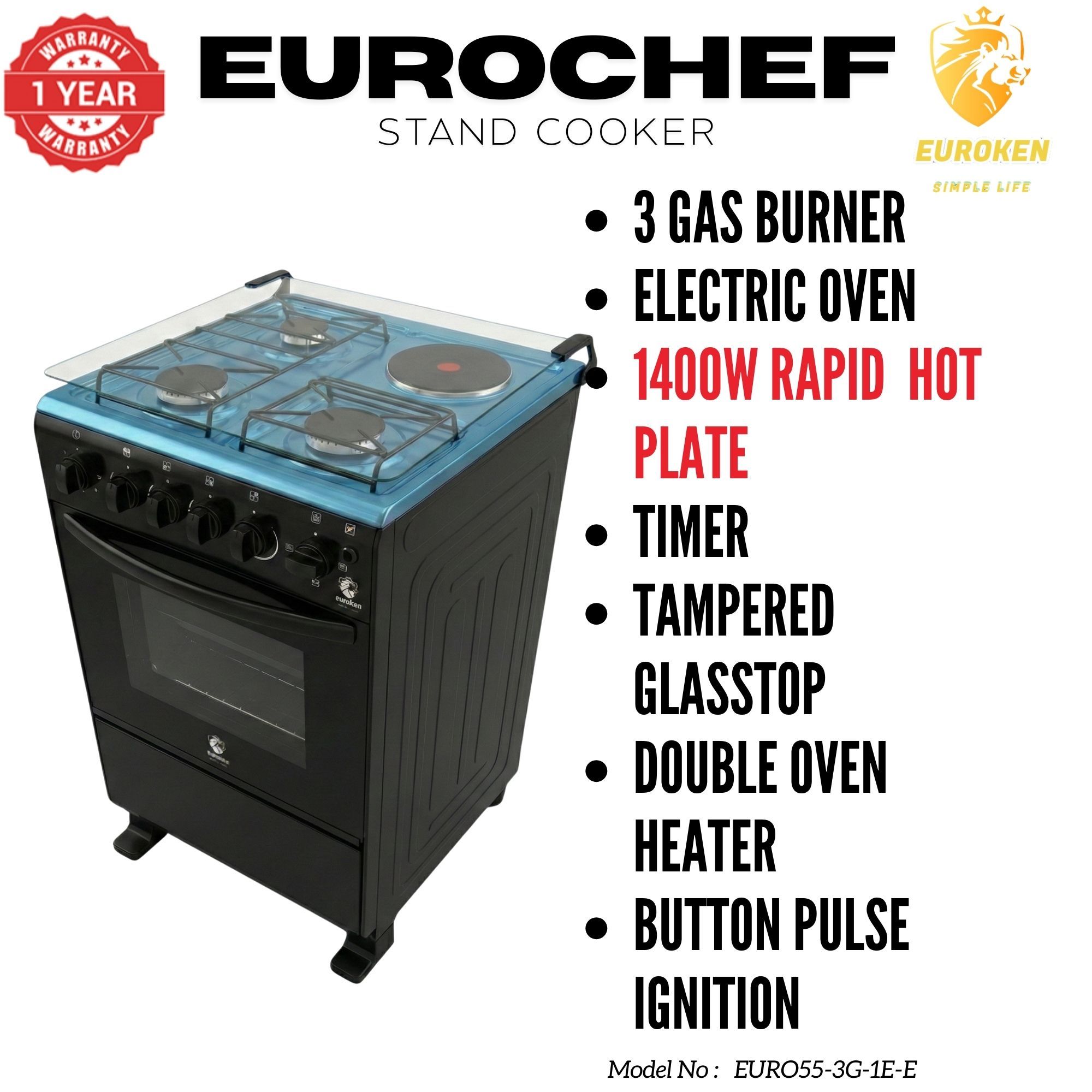 【LIMITED OFFER】 Euroken Euro55-3G1E-E  50L Home Improvement   Free Standing  Gas Cooker 3 GAS +1 Hot plate Kitchen Appliance with electric oven - 50X55CM