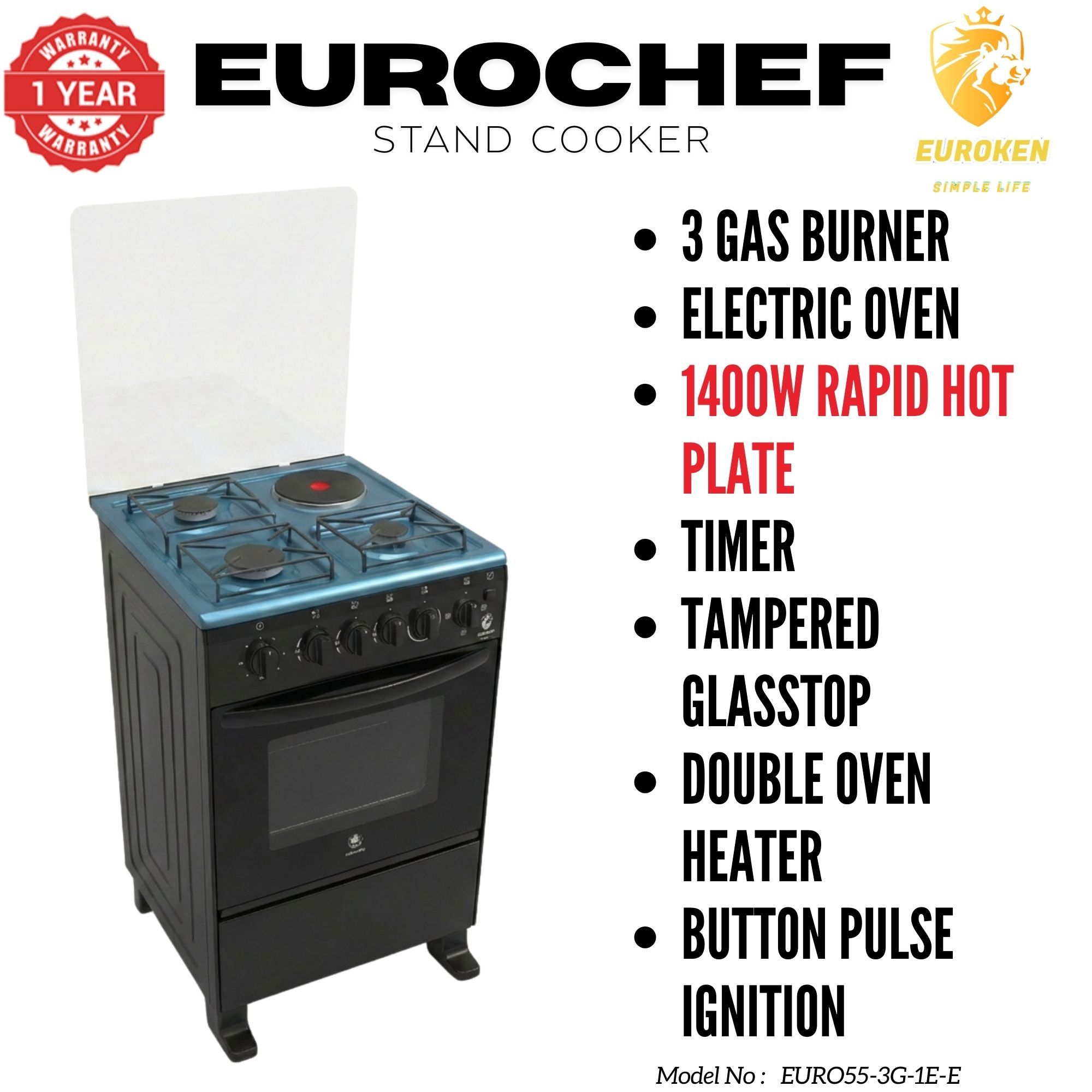 【LIMITED OFFER】 Euroken Euro55-3G1E-E  50L Home Improvement   Free Standing  Gas Cooker 3 GAS +1 Hot plate Kitchen Appliance with electric oven - 50X55CM