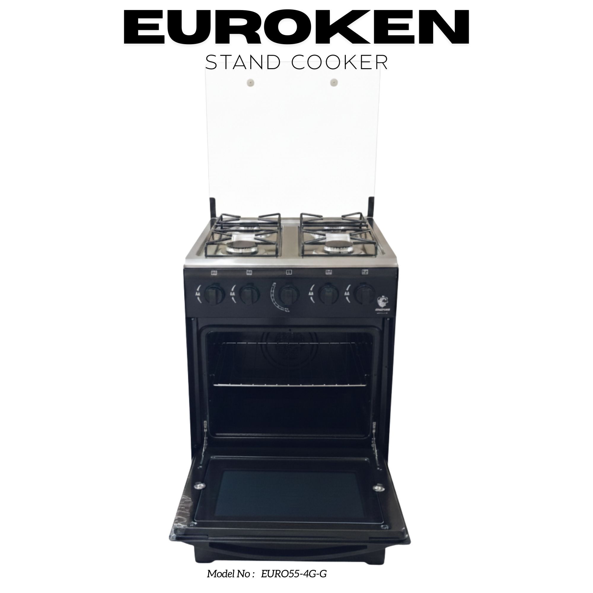 【LIMITED OFFER】Euroken Euro55-4G-G 50L Home Improvement Free Standing Full Gas Cooker Kitchen Appliance With Gas Oven 4 Burners 50X55Cm