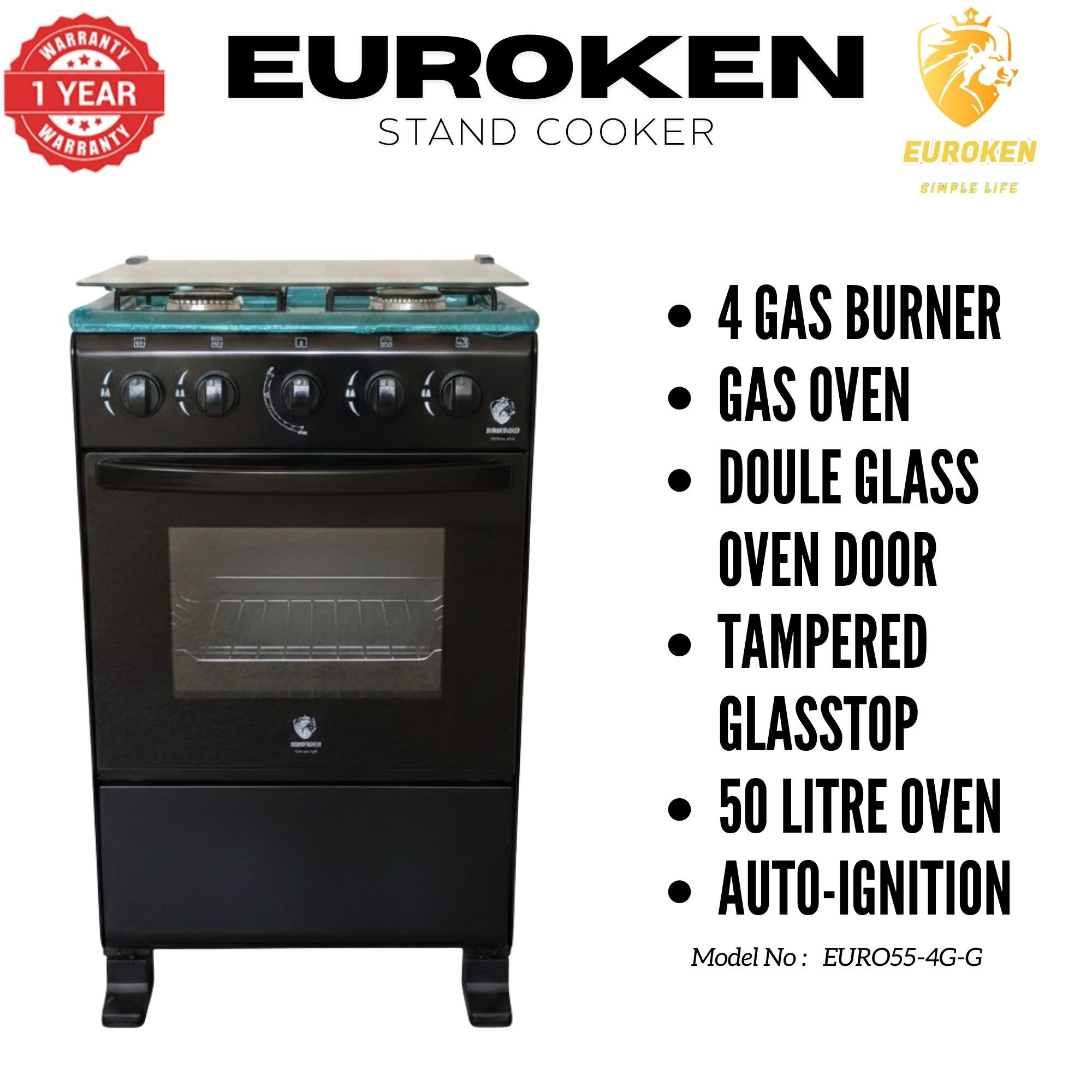 【LIMITED OFFER】Euroken Euro55-4G-G 50L Home Improvement Free Standing Full Gas Cooker Kitchen Appliance With Gas Oven 4 Burners 50X55Cm