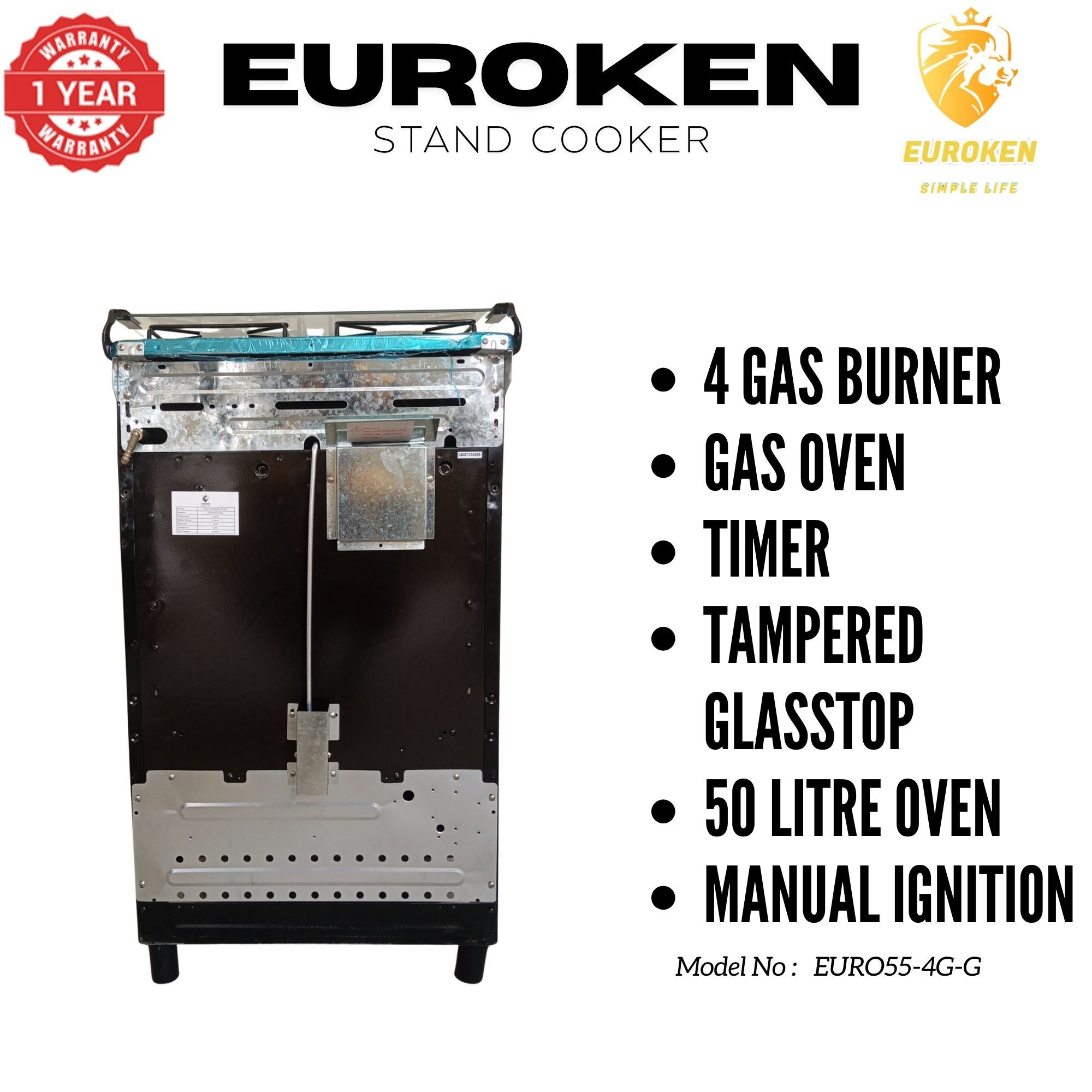 【LIMITED OFFER】Euroken Euro55-4G-G 50L Home Improvement Free Standing Full Gas Cooker Kitchen Appliance With Gas Oven 4 Burners 50X55Cm