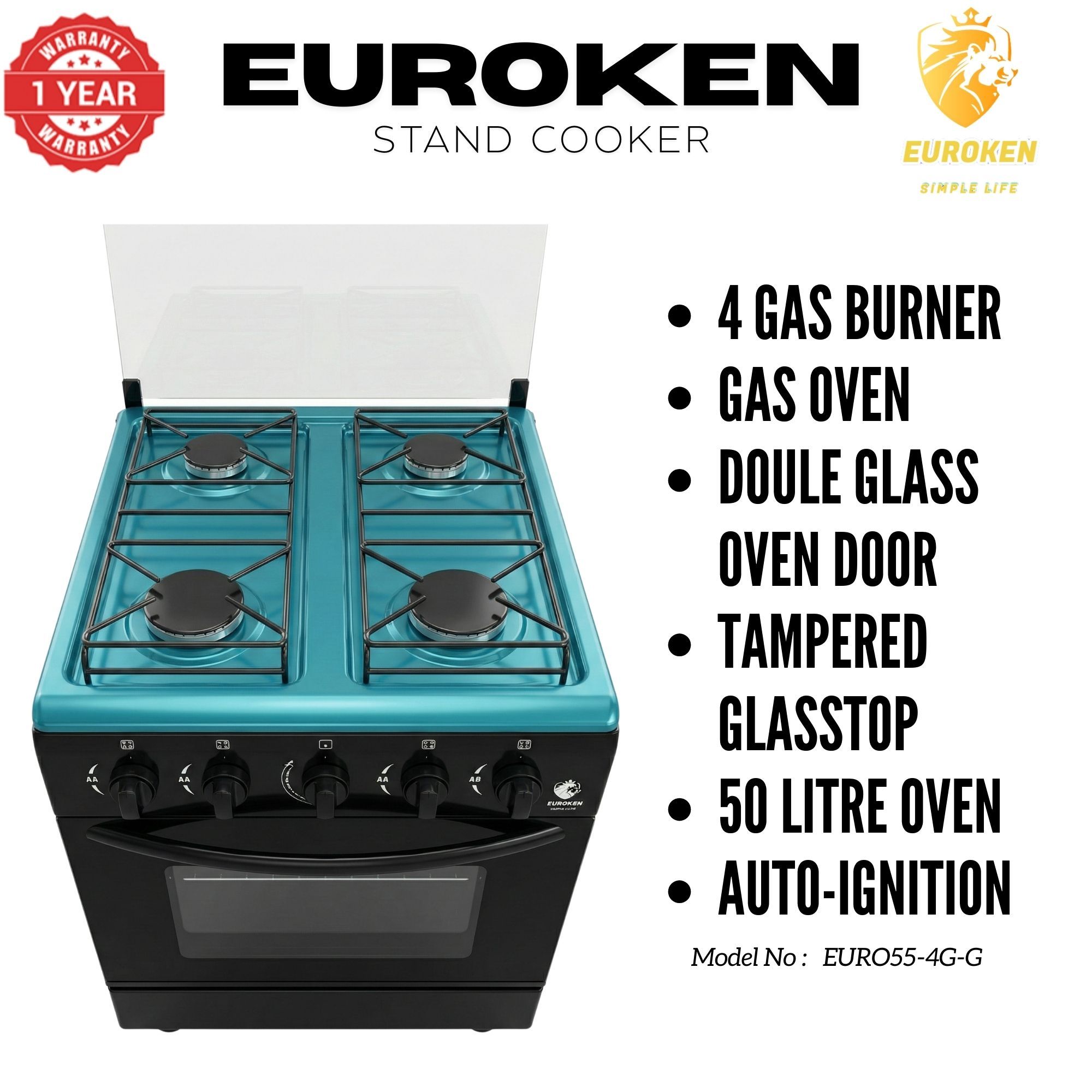 【LIMITED OFFER】Euroken Euro55-4G-G 50L Home Improvement Free Standing Full Gas Cooker Kitchen Appliance With Gas Oven 4 Burners 50X55Cm