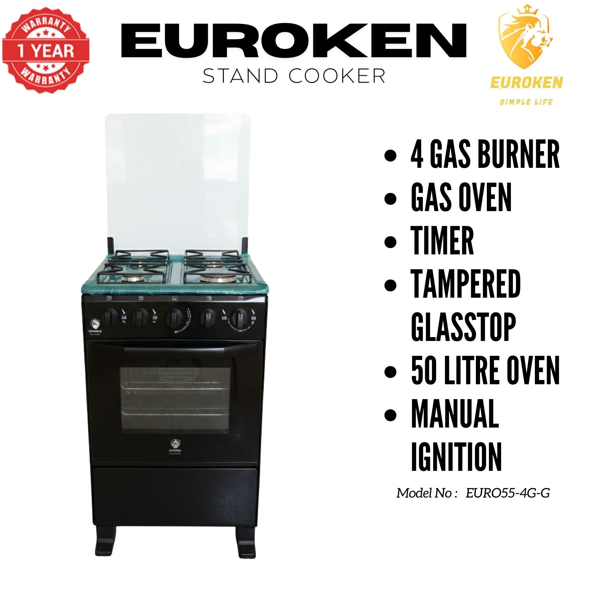 【LIMITED OFFER】Euroken Euro55-4G-G 50L Home Improvement Free Standing Full Gas Cooker Kitchen Appliance With Gas Oven 4 Burners 50X55Cm