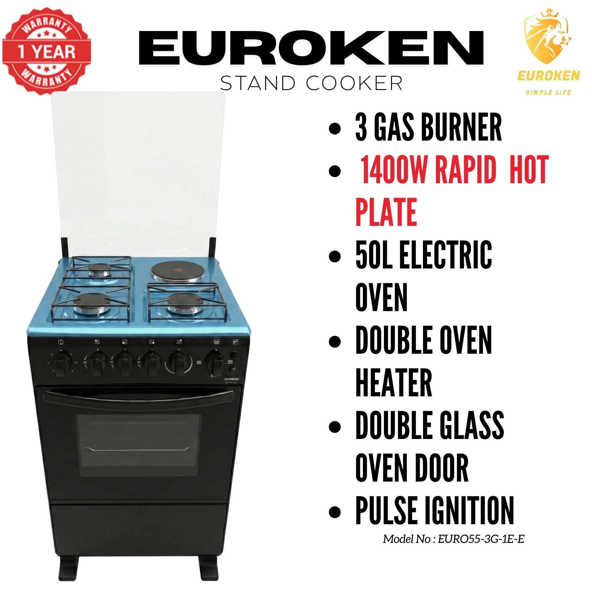 【LIMITED OFFER】 Euroken Euro55-3G1E-E  50L Home Improvement   Free Standing  Gas Cooker 3 GAS +1 Hot plate Kitchen Appliance with electric oven - 50X55CM