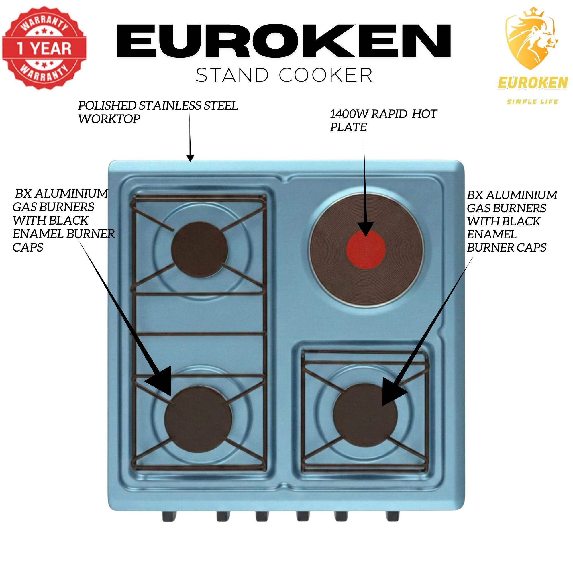 【LIMITED OFFER】 Euroken Euro55-3G1E-E  50L Home Improvement   Free Standing  Gas Cooker 3 GAS +1 Hot plate Kitchen Appliance with electric oven - 50X55CM