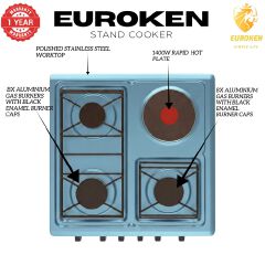 【LIMITED OFFER】 Euroken Euro55-3G1E-E  50L Home Improvement   Free Standing  Gas Cooker 3 GAS +1 Hot plate Kitchen Appliance with electric oven - 50X55CM