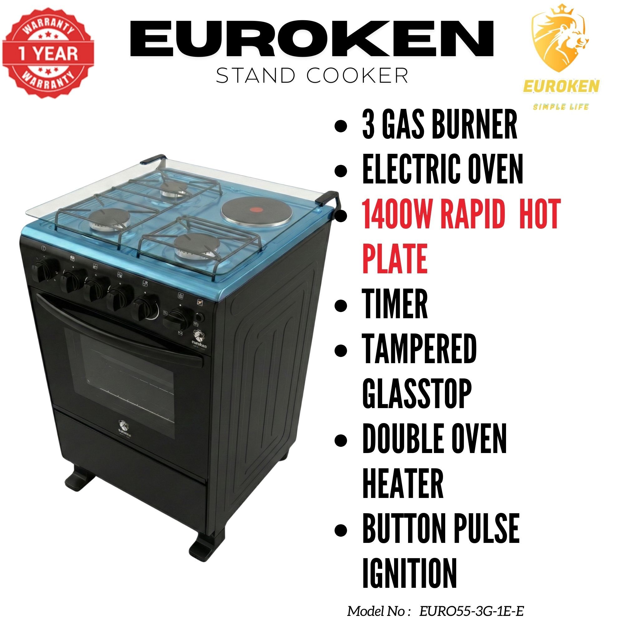 【LIMITED OFFER】 Euroken Euro55-3G1E-E  50L Home Improvement   Free Standing  Gas Cooker 3 GAS +1 Hot plate Kitchen Appliance with electric oven - 50X55CM