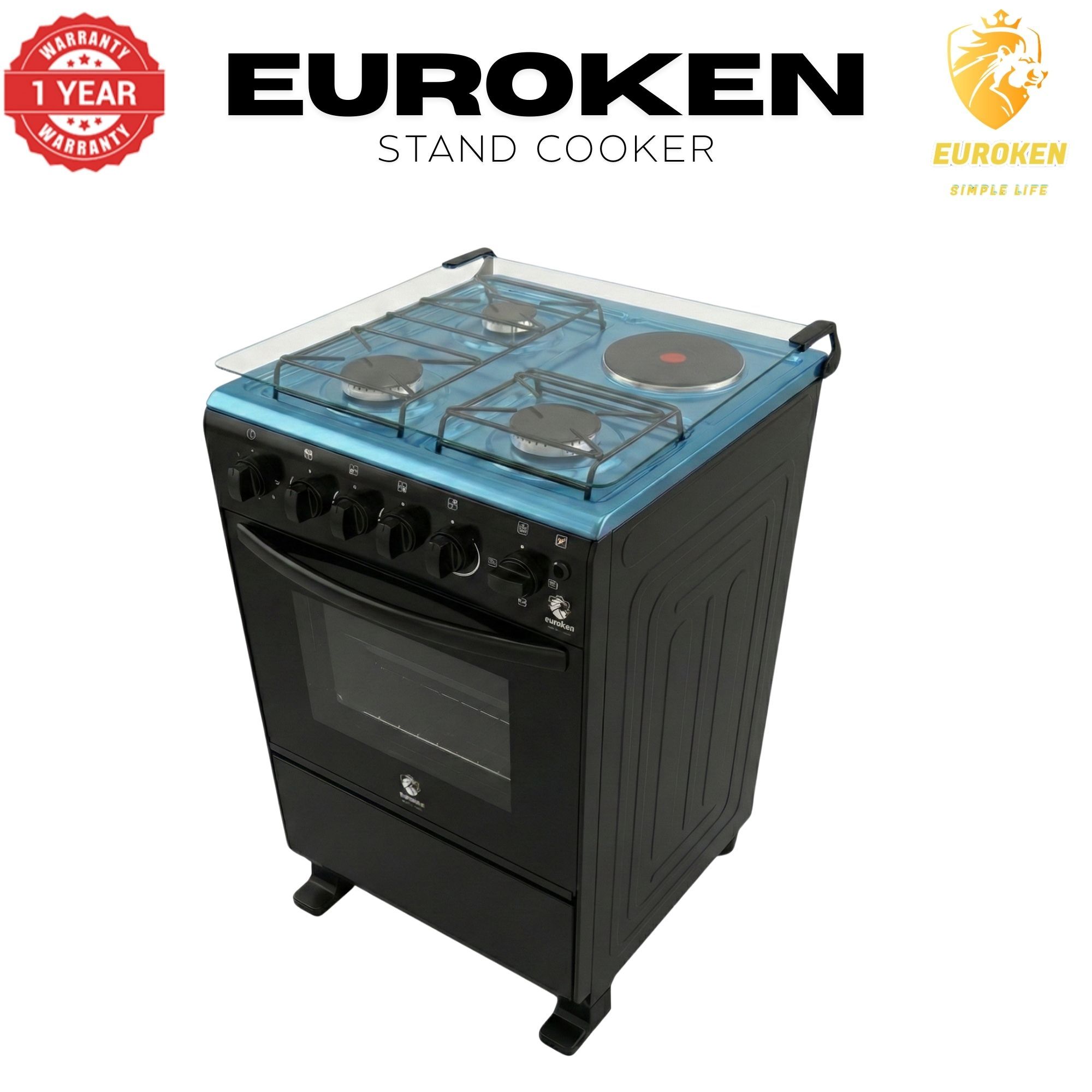 【LIMITED OFFER】 Euroken Euro55-3G1E-E  50L Home Improvement   Free Standing  Gas Cooker 3 GAS +1 Hot plate Kitchen Appliance with electric oven - 50X55CM