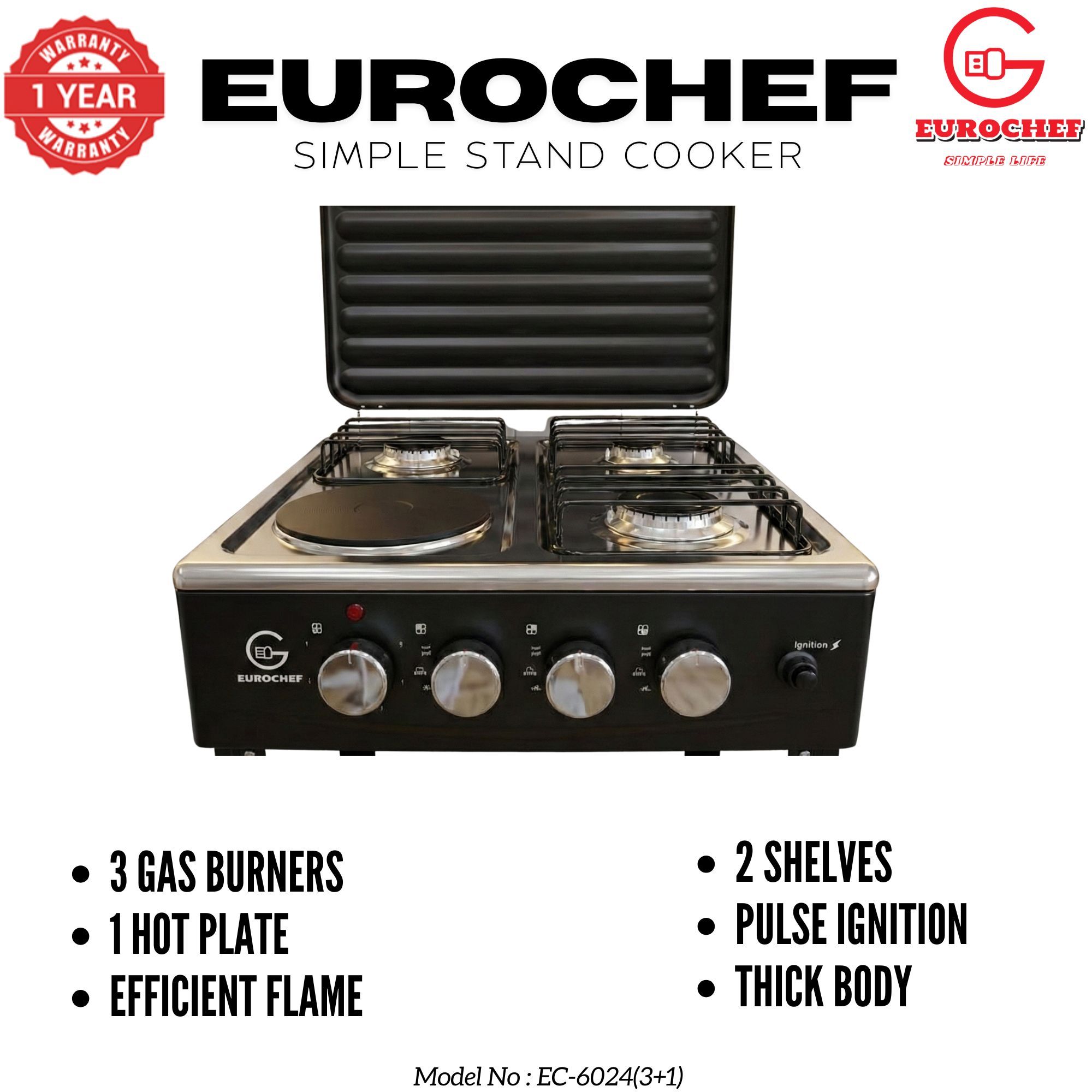 【Exclusive Offer】 EUROCHEF EC-6024(3+1) Simple Standing Cooker - 3 Gas Burners, 1 Electric Plate & Storage Shelves