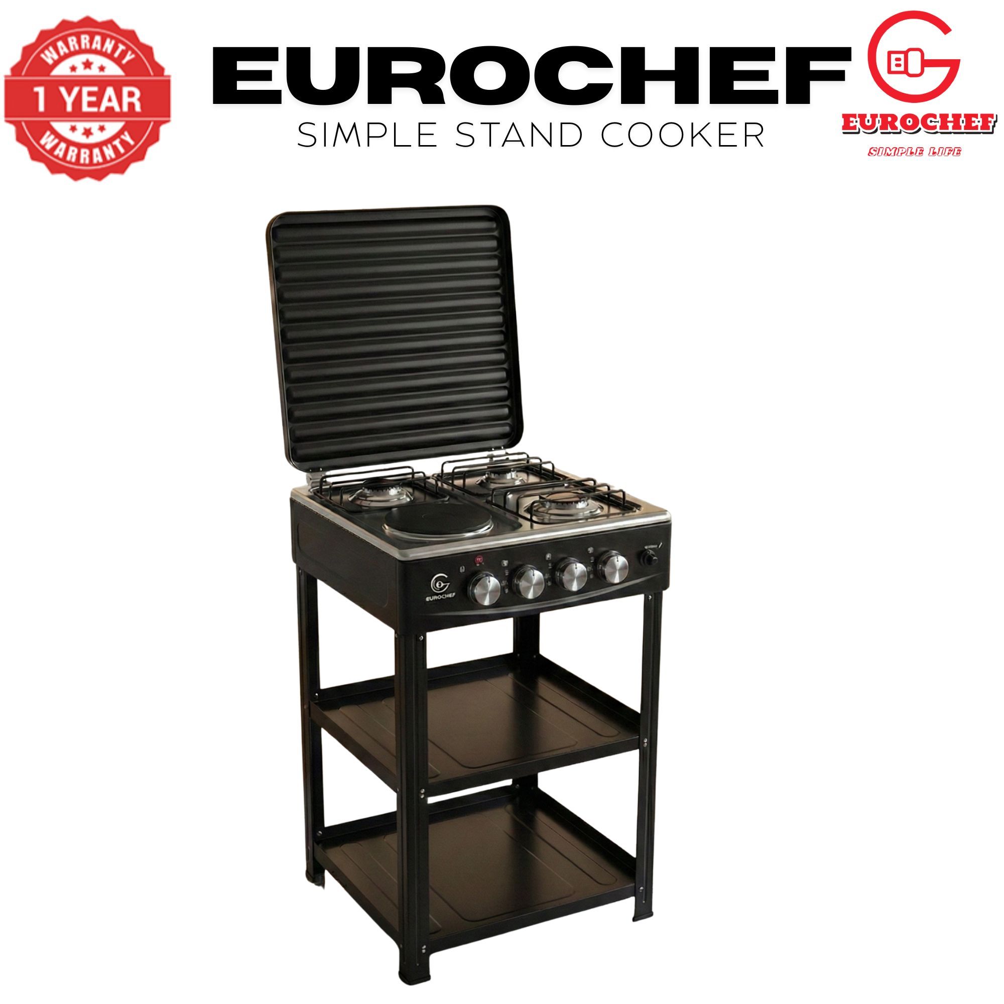 【Exclusive Offer】 EUROCHEF EC-6024(3+1) Simple Standing Cooker - 3 Gas Burners, 1 Electric Plate & Storage Shelves