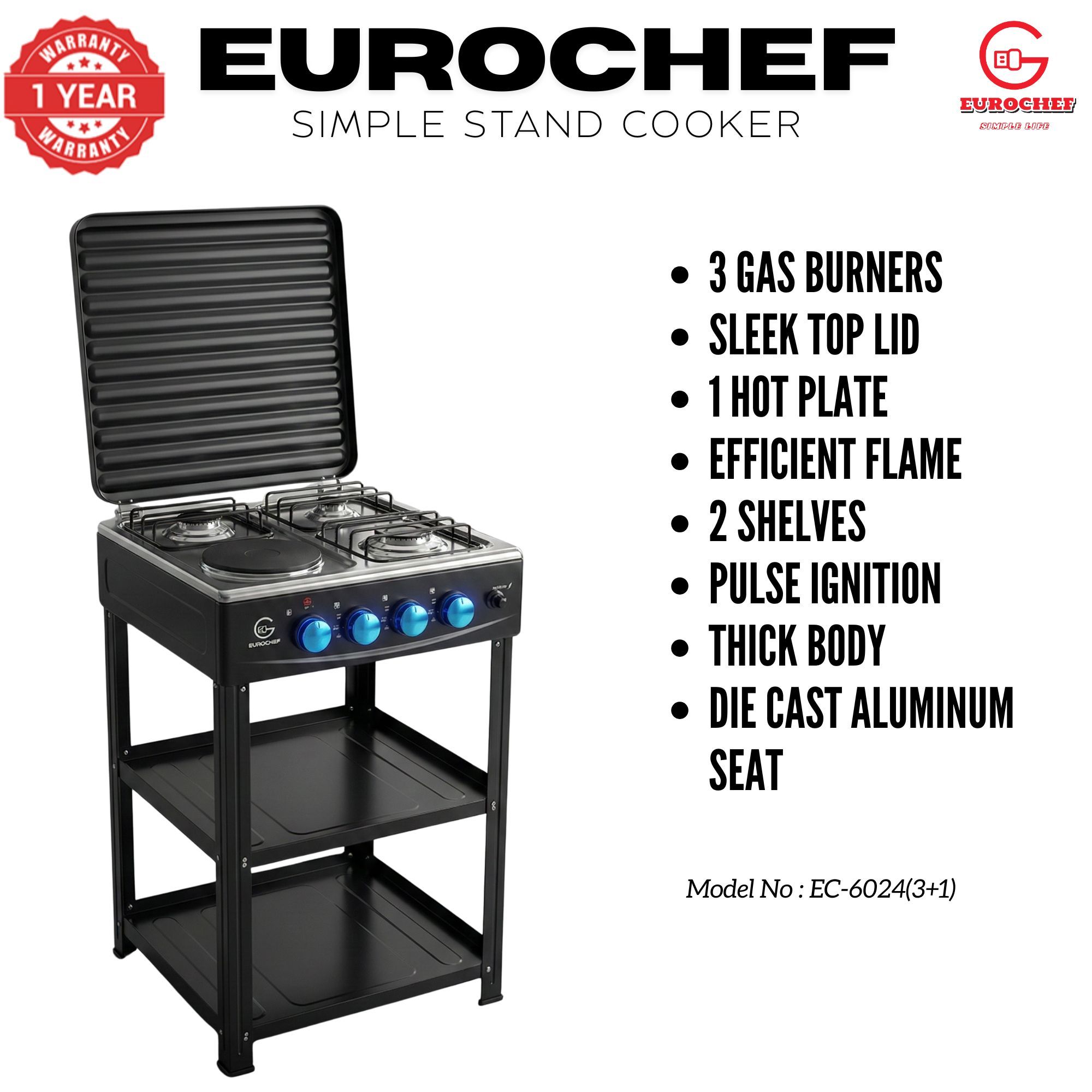 【Exclusive Offer】 EUROCHEF EC-6024(3+1) Simple Standing Cooker - 3 Gas Burners, 1 Electric Plate & Storage Shelves