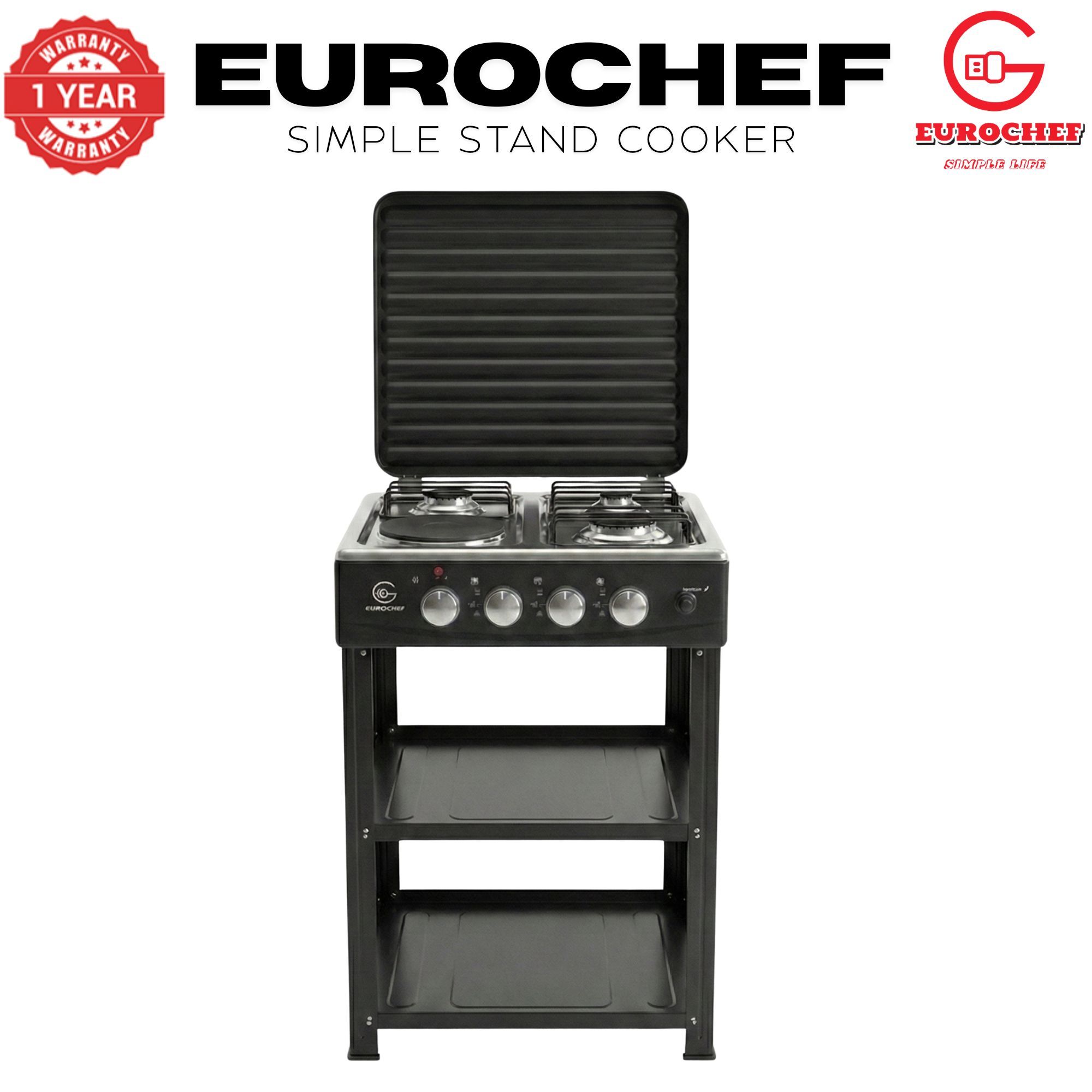 【Exclusive Offer】 EUROCHEF EC-6024(3+1) Simple Standing Cooker - 3 Gas Burners, 1 Electric Plate & Storage Shelves